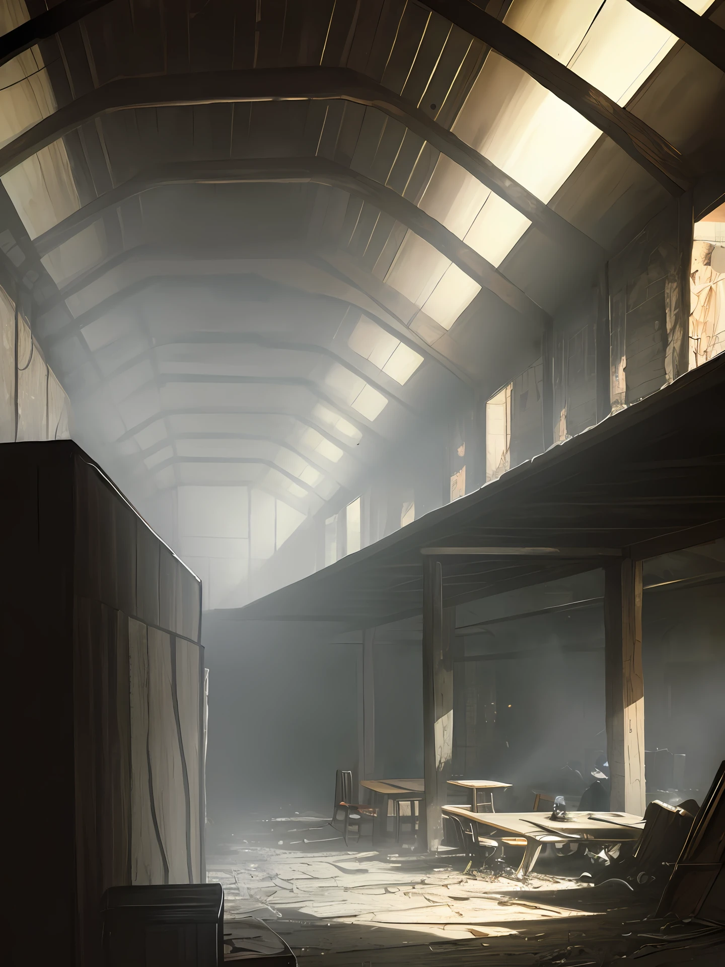 The person sitting behind the table,(High contrast lighting),(fog atmosphere),(obscured face),(Ceiling lights),(wartorn),(wooden tables),Underground bunker background,Tatsuya Endo,Greg Rutkowski,Pixiv,Artstation。