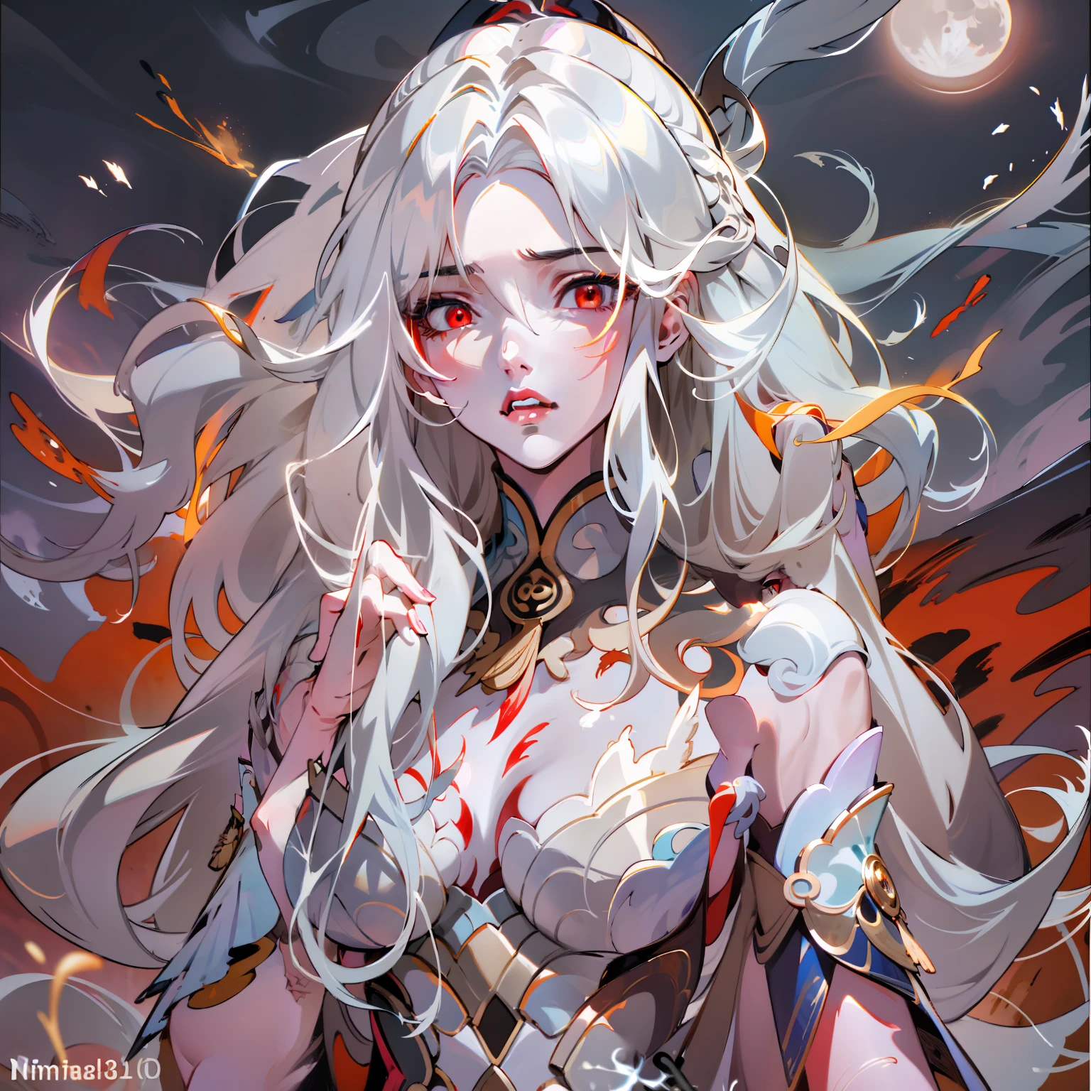 jingliuV4,Unbeatable masterpiece, extraordinary, Incredible, Exquisite, Perfect artwork, perfect women figure, Perfect anatomy, Unique, red color eyes,long white hair,Put your hands behind your back,the night,themoon,handheldweapons