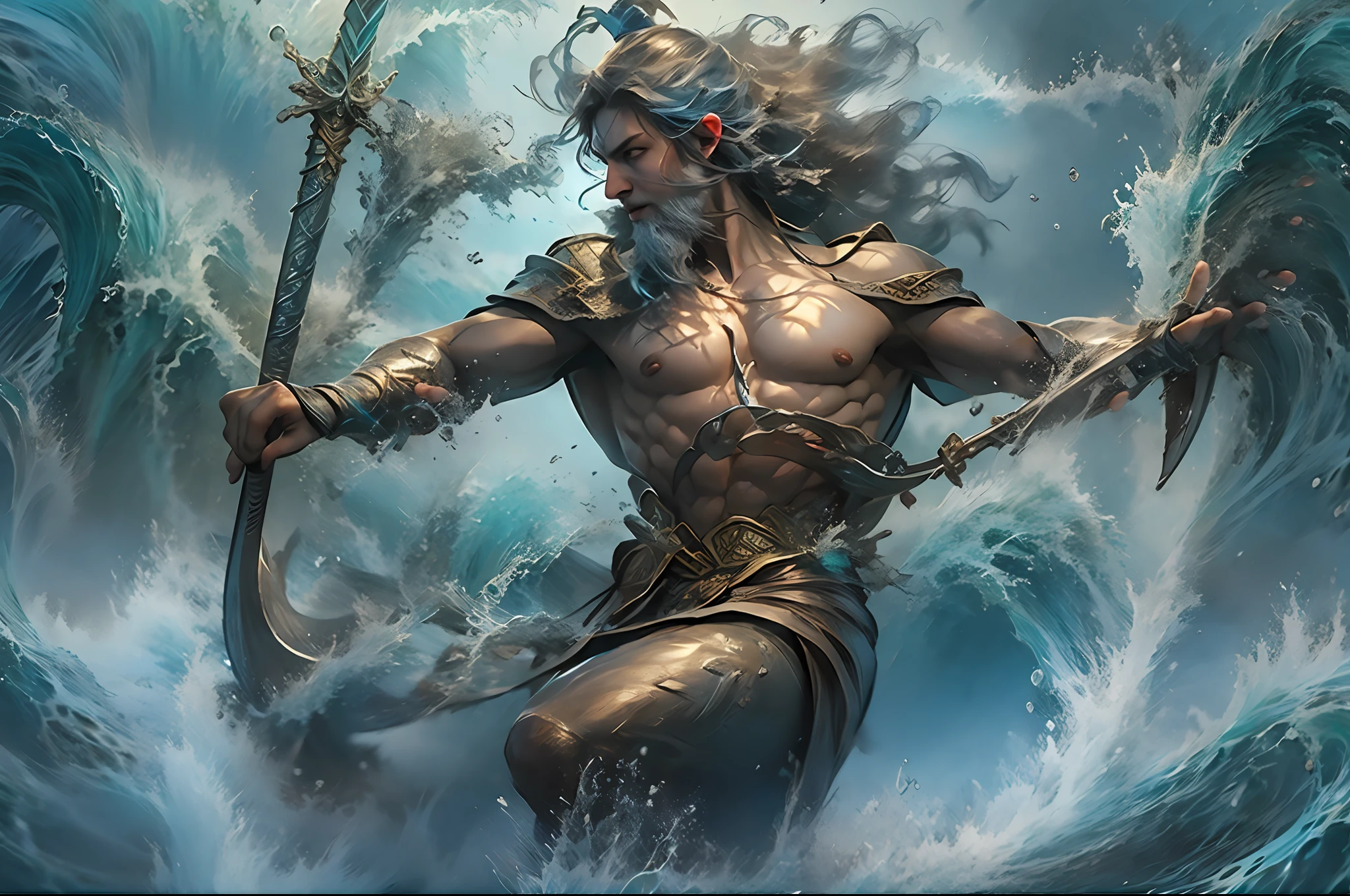 "Poseidon gracefully controlling the cascading waves with his powerful trident, showcasing his godly strength and dominance over the mighty ocean."