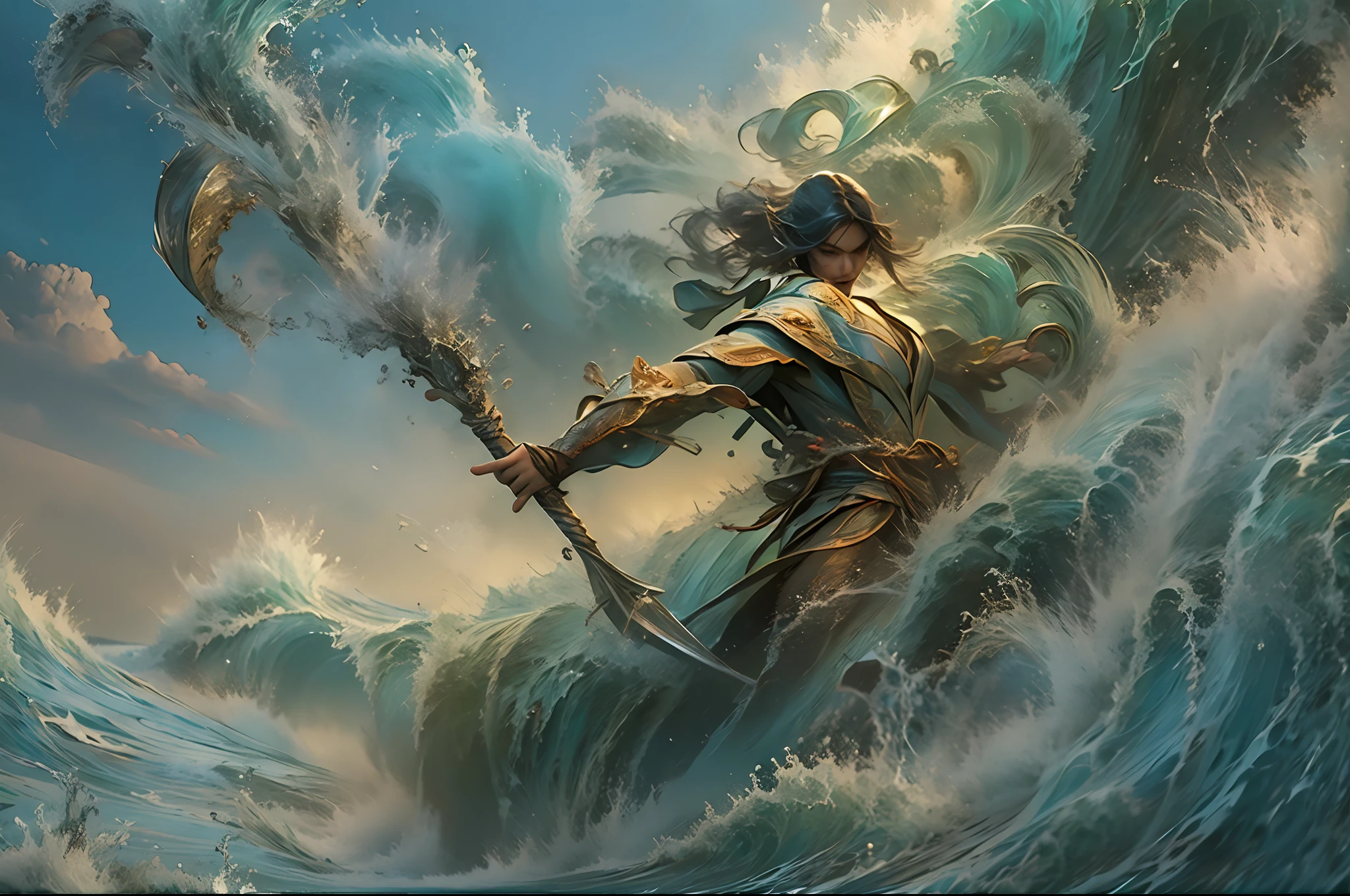 "Poseidon gracefully controlling the cascading waves with his powerful trident, showcasing his godly strength and dominance over the mighty ocean."