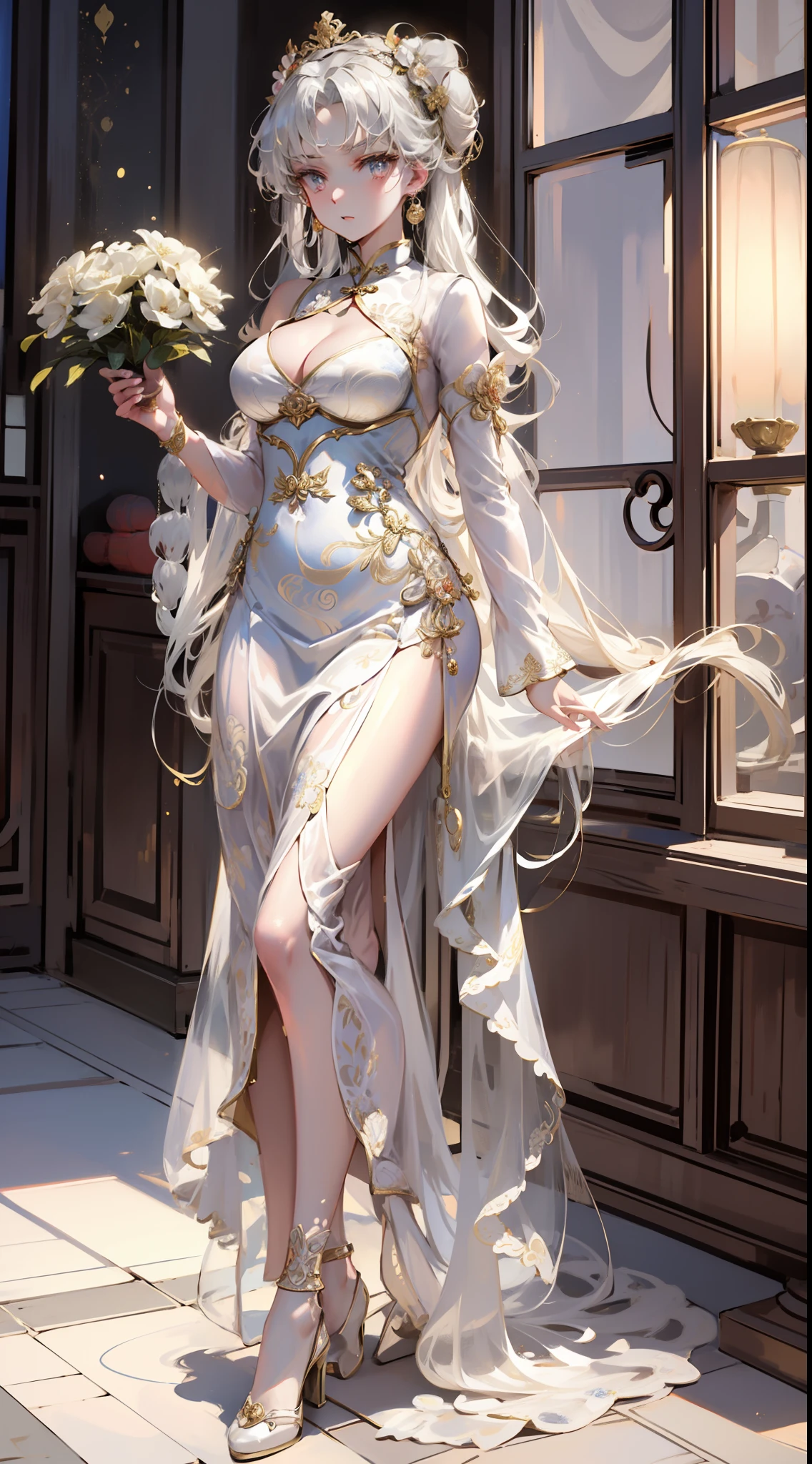 Goddess full body lamp cheongsam openwork dress movie lighting white hair baroque decoration glitter crystal accessories galaxy exquisite royal sisters national style ink baroque pattern gold decoration cheongsam dress Chinese ink noble elegant exquisite pattern very complex pattern