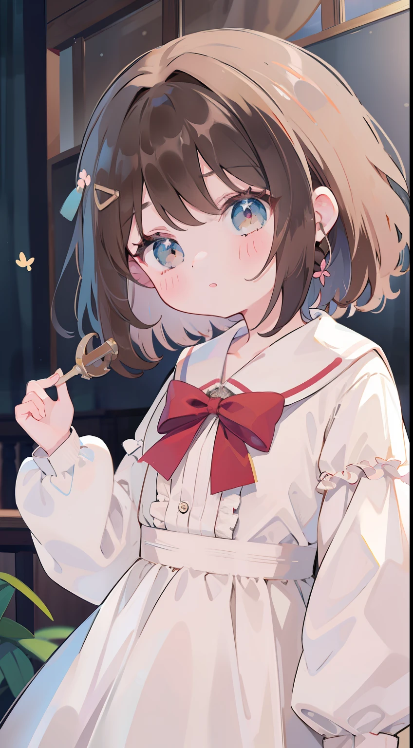 One girl、Brown hair、Medium hair、onepiece、frilld、bow ribbon、cute little、masterpiece、Top image quality、top-quality