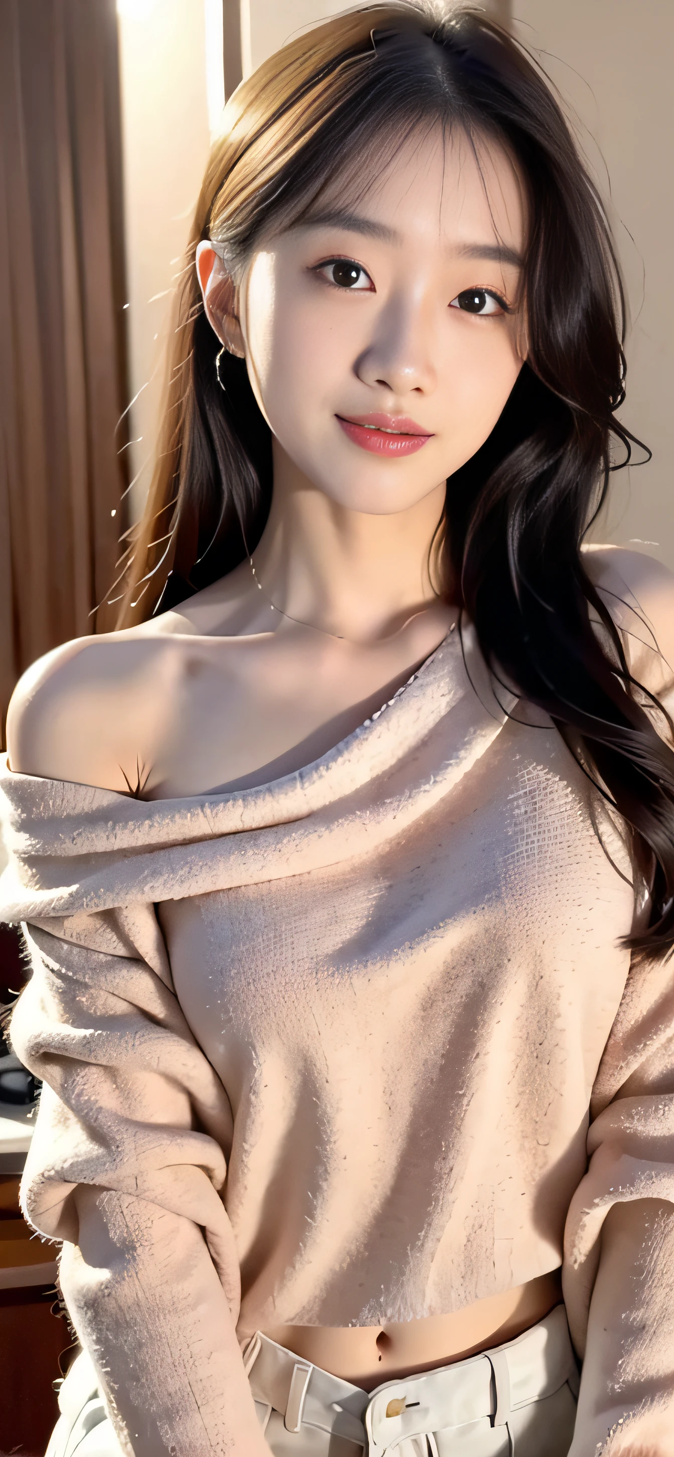 8k, ultra-detailed, physically based rendering, Kpop idol, bedroom, night, perfect skin, closed mouth, off-the-shoulder sweater, soft light