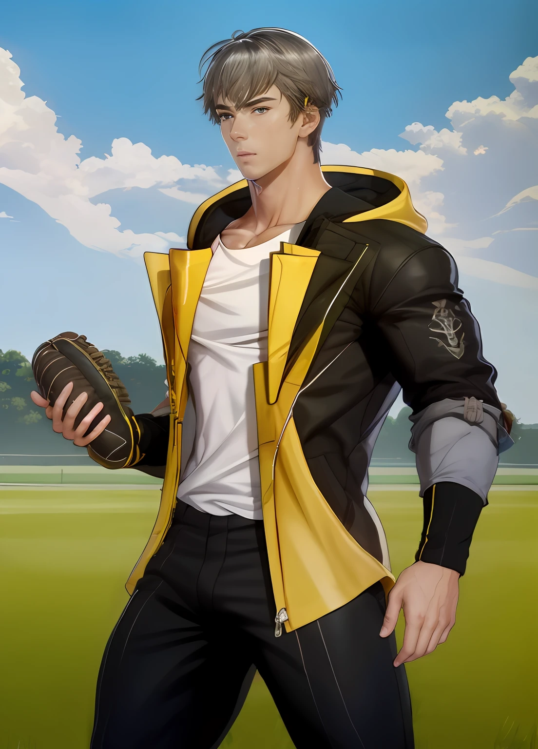 best quality, masterpiece, highres, male focus, 1boy, solo, bara, gray hair, caelus, yellow eyes, looking at viewer, detailed face, highly detailed, beautiful, beautiful lighting, blush, bulge, very huge and muscular man,god rays, light rays,  party,  depth of field, formal, yellow and black jacket, grimacing, blush, holding baseball bat, grass field, sweating, sweat,  grass, blue sky, day, sunlight, (Eachcolorblockisclearlydistinguished:1.1),himbo,