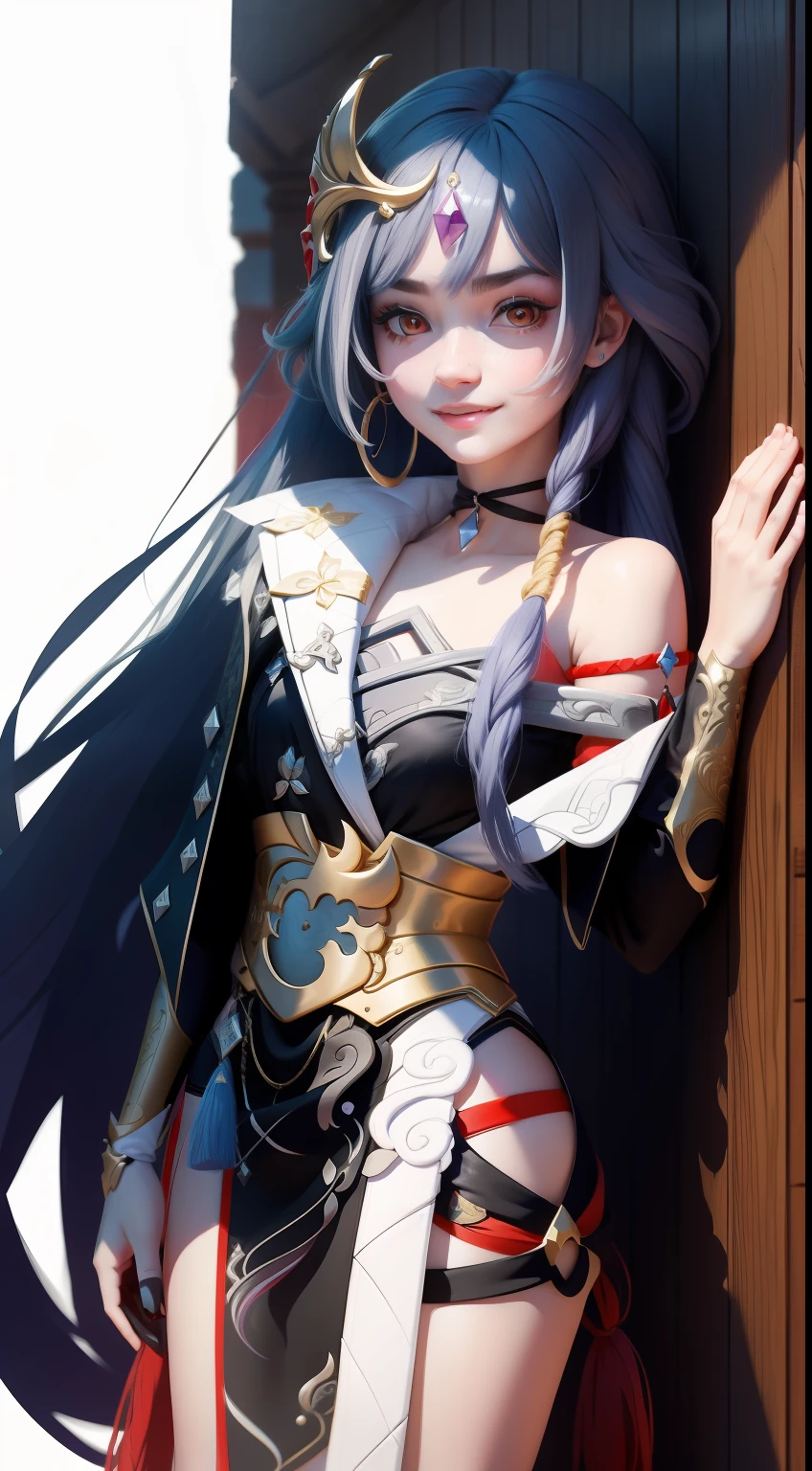 Best quality, Masterpiece, Ultra-detailed, Beautiful, A high resolution, Original, absurderes,  felting,
1girll, Solo, Long_Hair, Looking_at_peeping at the viewer, Smile, Willow eyebrows，bangs, black_Hair, Hair_decorations, Red_Eyes, Hair_between_Eyes,  Chinese_clothes, uneven_Sleeves, :D, standing, Simple background, White background, mitts, asymmetrical_Sleeves, Fingerless gloves,