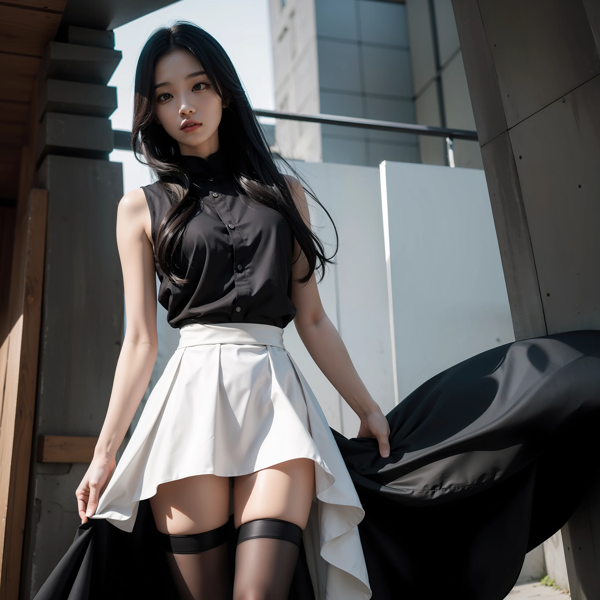 Kizi,long whitr hair,blacksilk,short  skirt