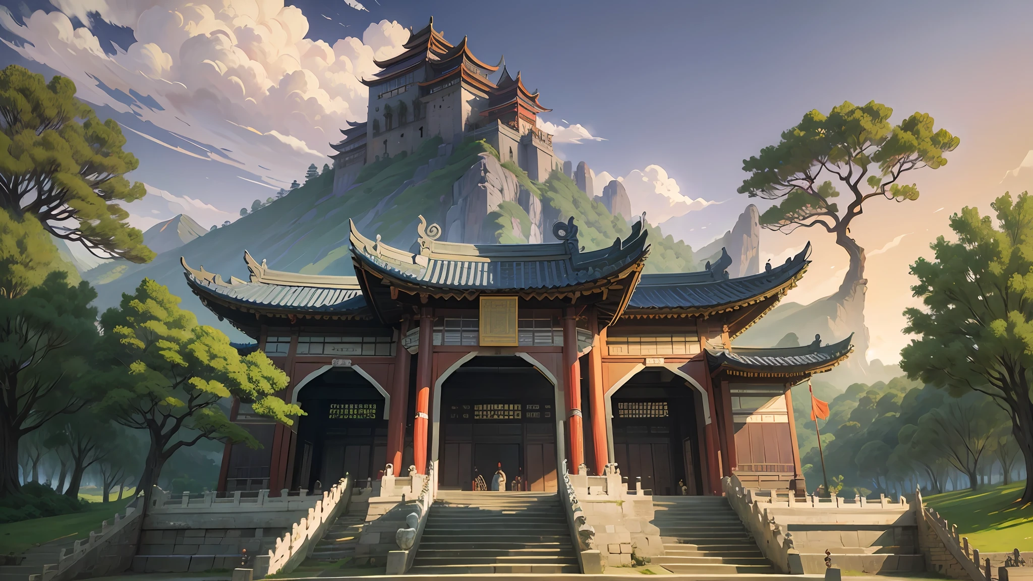 China-style,Ancient architecture,Huge gatehouse,Huge tree,A mountain in the back