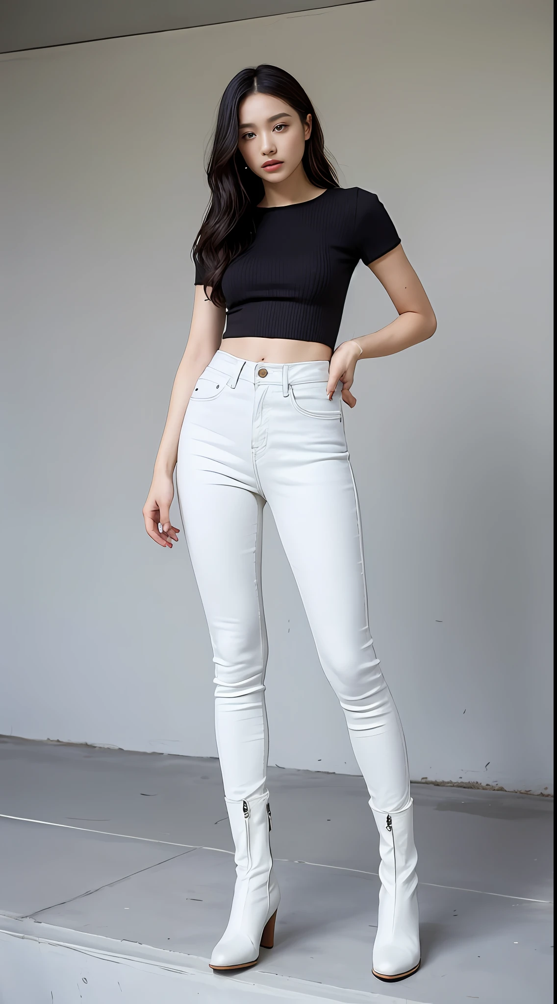 Black skinny jeans,High boots above the knee,Textured skin,Spots can be seen on the skin,(Black Jeans),Outdoors,cafe shop