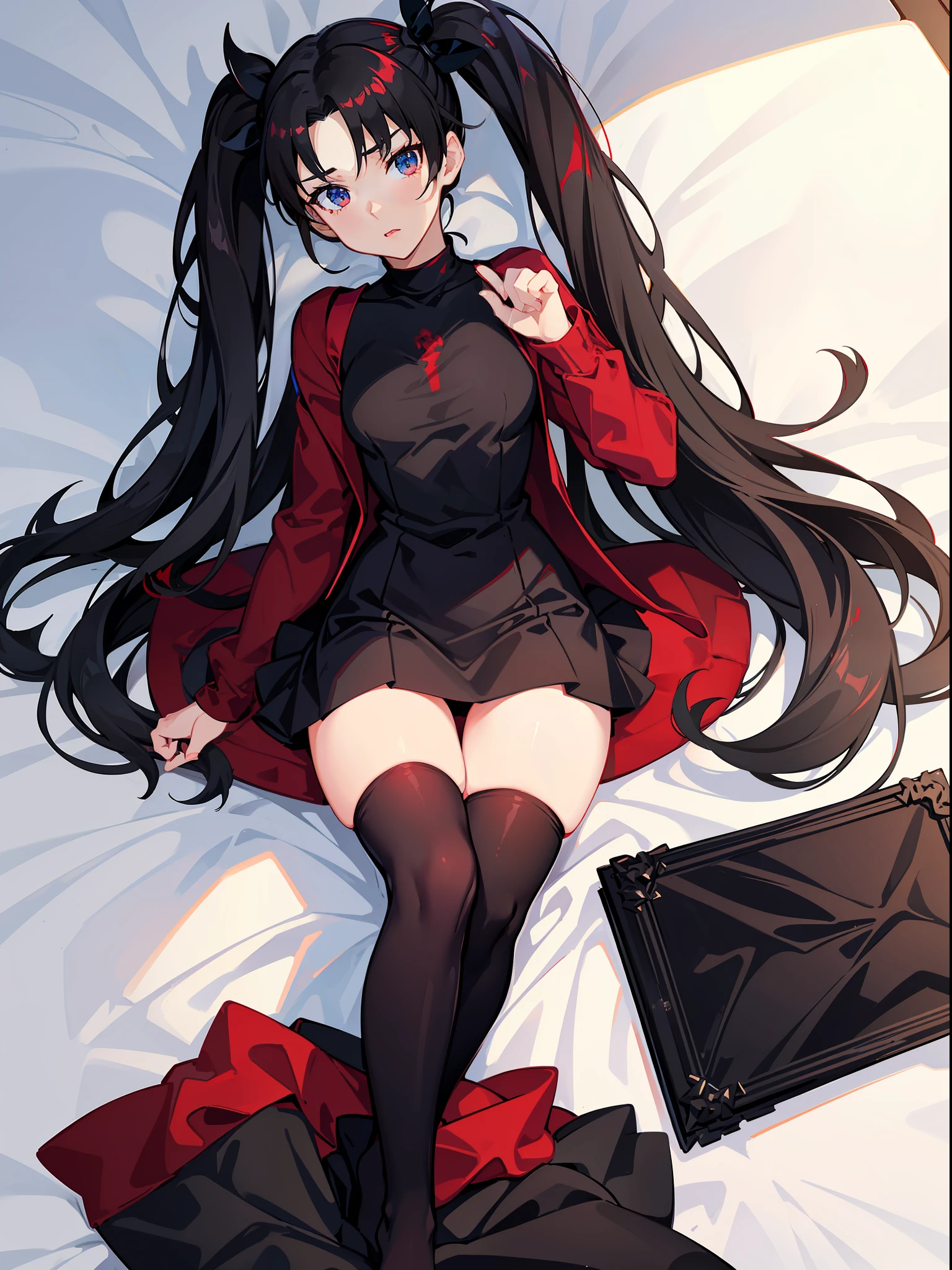 (best quality),(beautiful:0.75), (RinTohsaka),rin tohsaka,black twintails, red sweater, black short skirt,black thigh high socks,slim legs, medium breast, blue eyes, hands crossing, lie on the bed