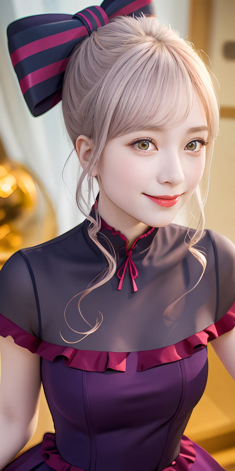 , top-quality, ShalltearV4, 1girl in, 独奏, doress, frilld, the bow, Hair Bow, tusk, Bewitching smile, pale-skinned, Shines, radiant eyes, portraitures,Complete body,
