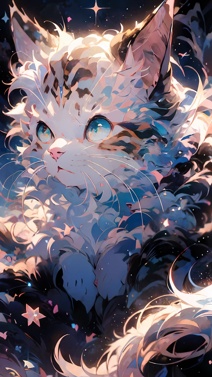 Anime girl holding a cat, anime cat with green eyes and stars in the background, anime cat, anime visual of a cute cat, realistic anime cat, cute detailed digital art, anime art wallpaper 4K, very very beautiful furry art, beautiful anime cat and girl