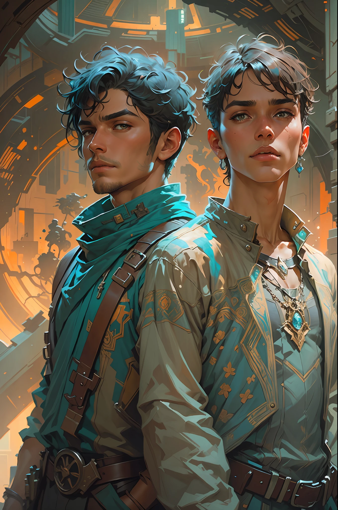 Portrait of two young handsome boys standing on a marvelous stone, standing gitl:1.2, (Low contrast ), colorfantasystyle, Oil painting on matte canvas, sharp detailed, the expanse scifi spacescape ceres colony, Intricate, Highly detailed, Digital painting, plethora of colors, smooth, Sharp focus, illustration, Unreal Engine 5, 8K, art by artgerm and greg rutkowski and alphonse mucha , art by midjourney