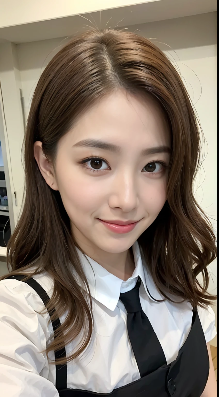 ((top-quality、8K、masterpiece:1.3))、Pretty women、20 years girl、K-pop Idol Face、Colossal tits:1、slender figures:1、dark brown hair、(white walls)、(Waitress uniform)、hyperdetailed face、Detailed lips、A detailed eye、二重まぶた、sexy pose、A smile、Sexy Shots、Raw photo、a baby face、kawaii faces、Cute
