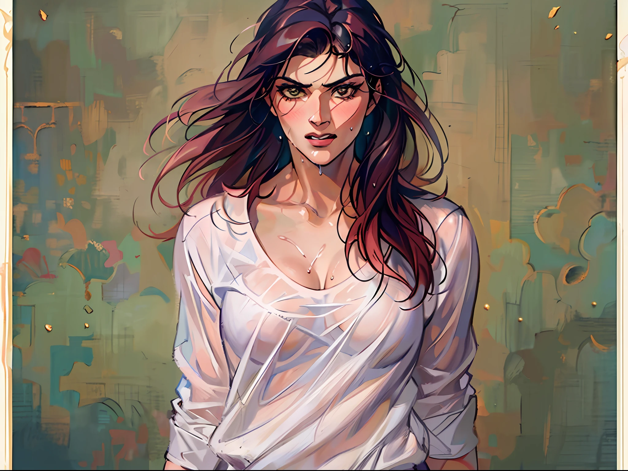 (1 girl), (Alexandra Daddario), ripped clothes, fell to the floor, a wet white T-shirt, exposed more than half of her breasts, She tried to cover her breasts with one hand, made her breasts more attractive, Her lower body was wearing torn panties, her other hand seemed to be covering her naked lower body, a blush on her face, her whole body was soaked in sweat, her whole posture was extremely attractive, seductive pose, ((the most beautiful woman in the world)), perfect body, perfect nose, ((well-groomed teeth)), high definition, best quality, ultra-detailed, extremely delicate, high details, ((anatomically correct)), symmetrical face, extremely detailed eyes and face, high quality eyes, UHD, 8k, RAW photo, (Natural light), (professional lighting:1.5), photorealistic, realistic, ((beautiful woman)), goddess, femminine, attractive, ((masterpiece:1.5))