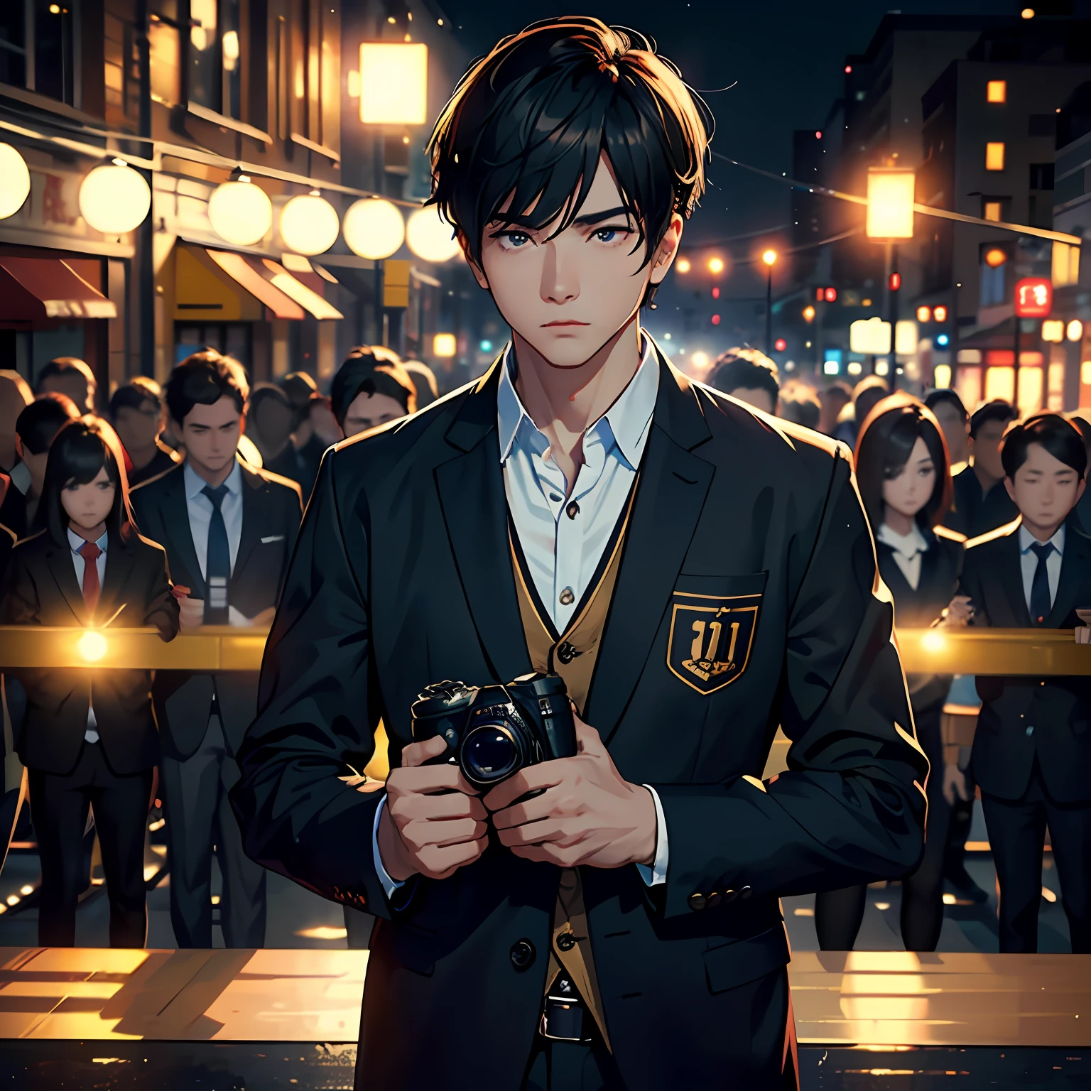 Masterpiece, Best quality, A young and determined man standing in the spotlight, Surrounded by a busy crew, The camera focused on his face. He closed his lips tightly,Look straight ahead with a determined expression。, Cinema lenses (Complex bokeh);