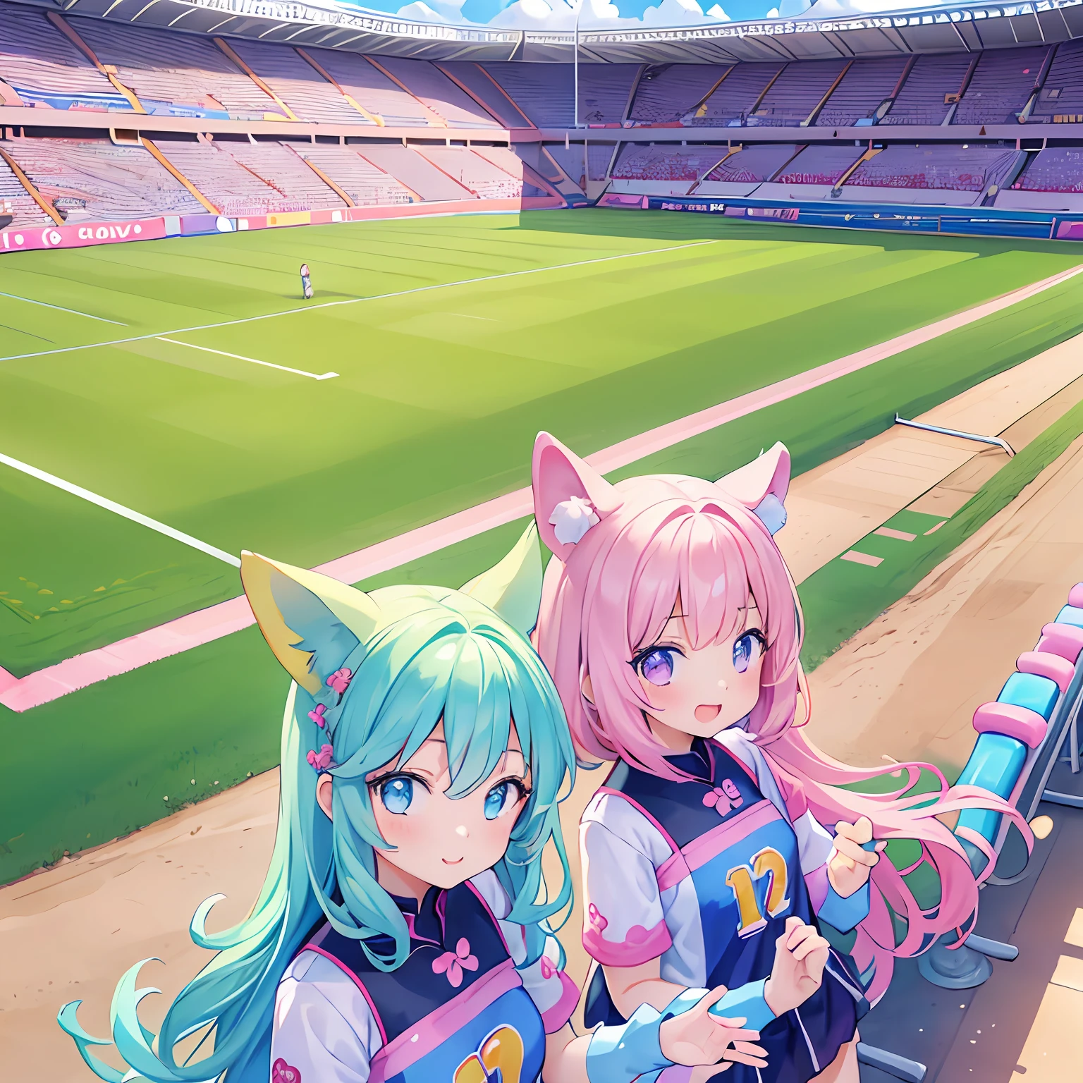 masterpiece, (2girls and 2girls and 2girls and 2girls at the stadium), idol, big eyes, kawaiitech, kawaii, cute, pastel colors, best quality, happy, deep background, symmetrical, summer