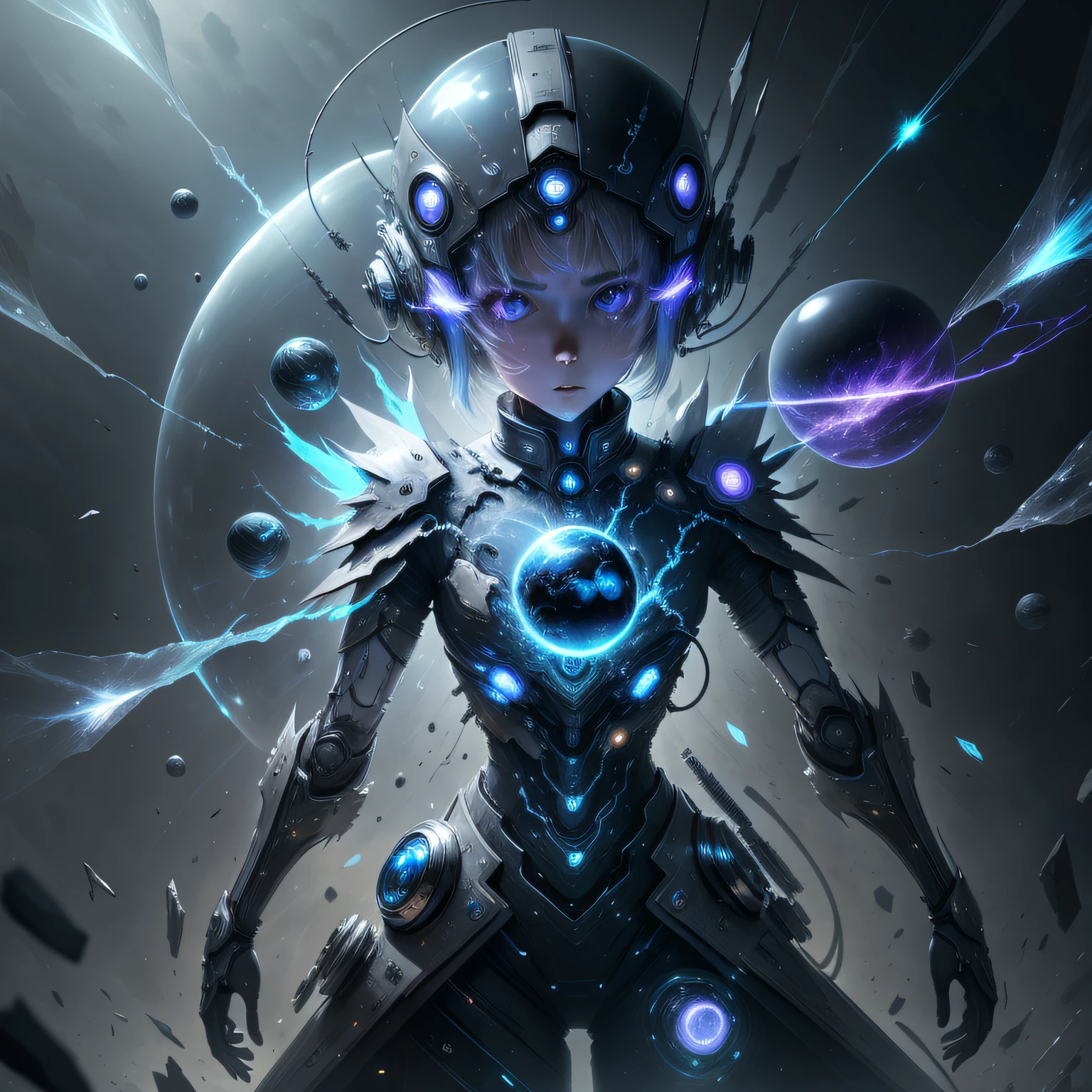 Best quality, Masterpiece,1 girl, Sci-fi costumes, Parallel worlds, Transparent barrier, Broken glass, Science fiction,Humanoid broken glass，energy sphere，ball lightning，Facing yourself in a parallel world，Black and white tech clothing，dynamic angle