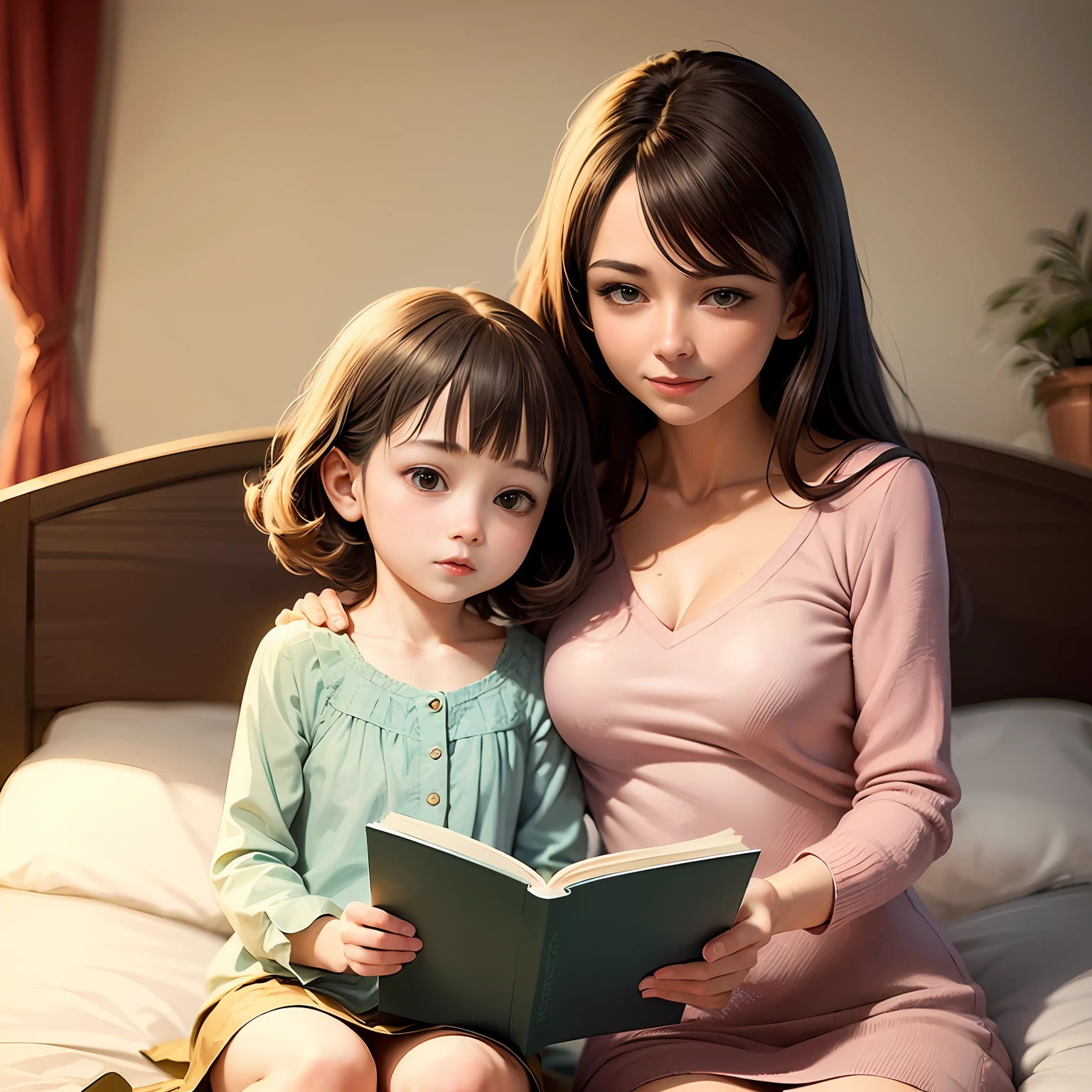 ((2 women)),mother reading book ,a 5 ********* daughter,in bed,The style is that of a fairy tale illustration