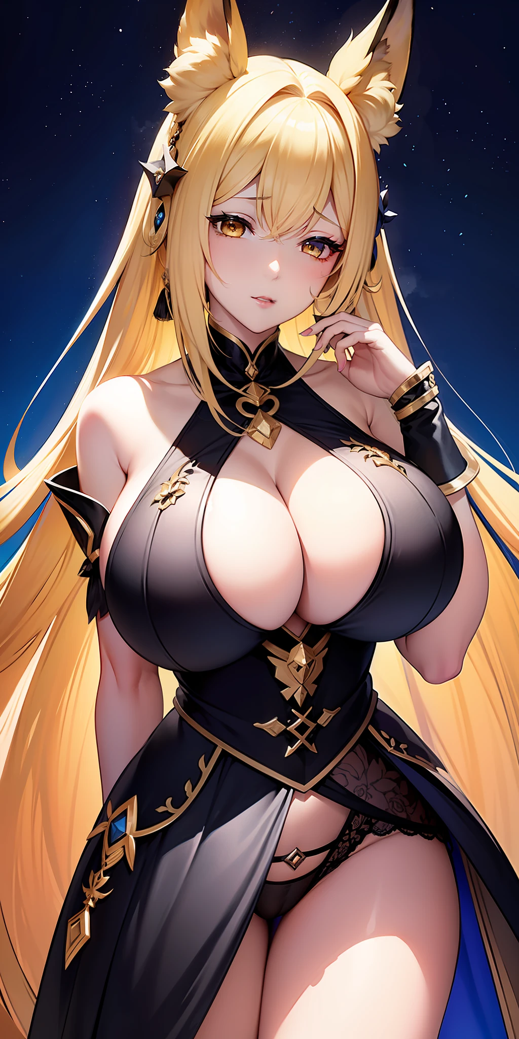 Blonde long hair、Hecate、Ahoge、Blue Black Dress、fox ear、yellow  eyes、Fur collar、
(huge tit:1.2、)The upper part of the body、frombelow、cammel toe、black panties、
jewely、hand on the breasts、see -through、see the beholder、hair adornments、a choker、full of shyness、
(​masterpiece、top-quality、top-quality、Official Art、Beautifully Aesthetic:1.2)、(1 girl in)、ighly detailed、colourfull、highestdetailed、
城市、a street、Leaning、walls、suns、​​clouds、elegent