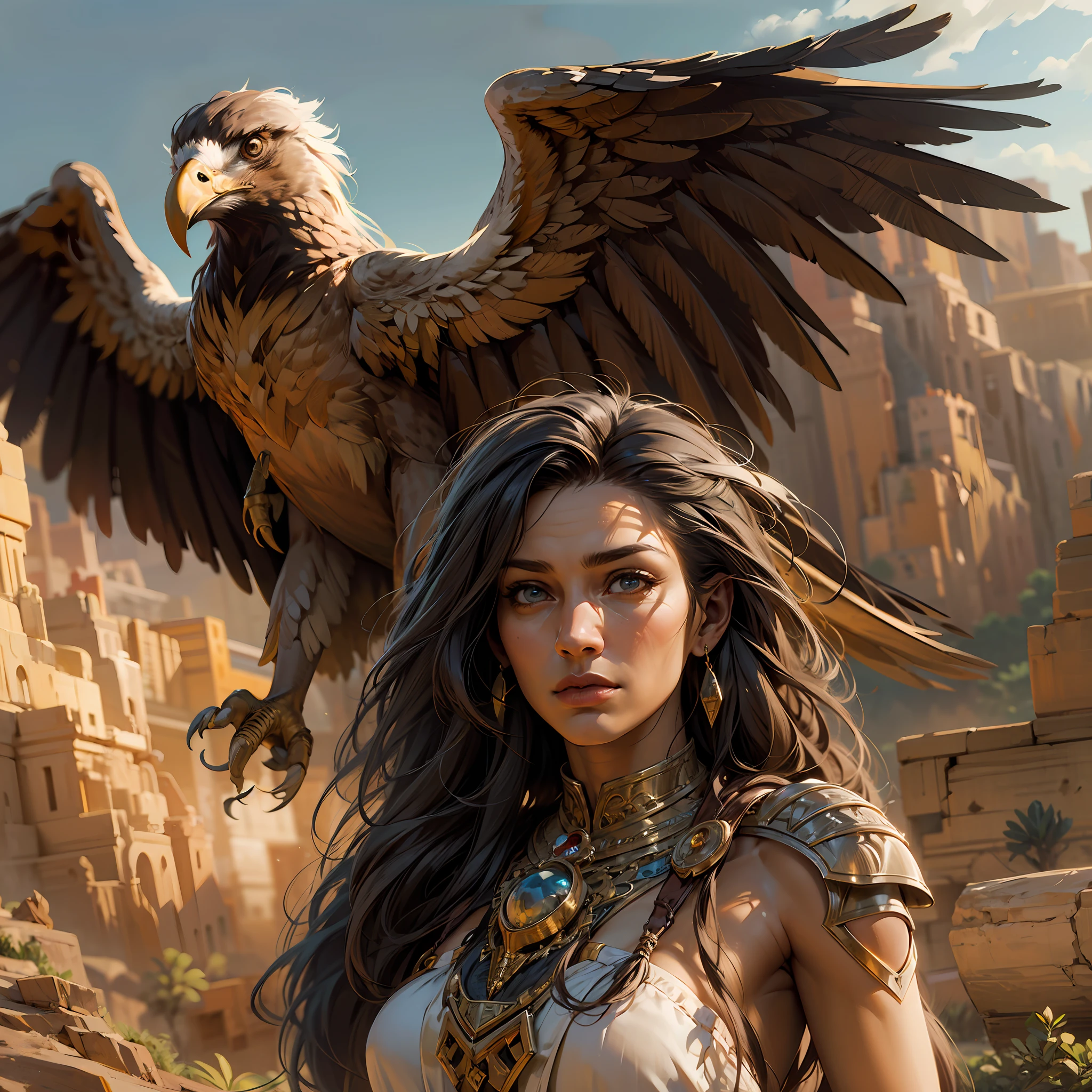 high details, best quality, 8k, [ultra detailed], masterpiece, best quality, (extremely detailed), dynamic angle, ultra wide shot, RAW, photorealistic, fantasy art, beautiful female human druid her eagle in an oasis in the desert, female human (1.4 intricate details, Masterpiece, best quality) epic fantasy human druid (1.4 intricate details, Masterpiece, best quality) epic flying eagle (1.6 intricate details, Masterpiece, best quality), full human body, [[anatomically correct]]. dynamic position (1.5 intricate details, Masterpiece, best quality), flying gold eagle (1.6 intricate details, Masterpiece, best quality) in desert background (1.5 intricate details, Masterpiece, best quality), a human female wearing leather clothes, desert clothing, holy symbol, holding a staff, magic aura,(1.4 intricate details, Masterpiece, best quality), leather boots, thick hair, long hair, dark hair, tan skin intense eyes, desert background (intense details), an oasis in the background palm trees and small spring(1.4 intricate details, Masterpiece, best quality), divine light, god light (1.4 intricate details, Masterpiece, best quality), high details, best quality, highres, ultra wide angle