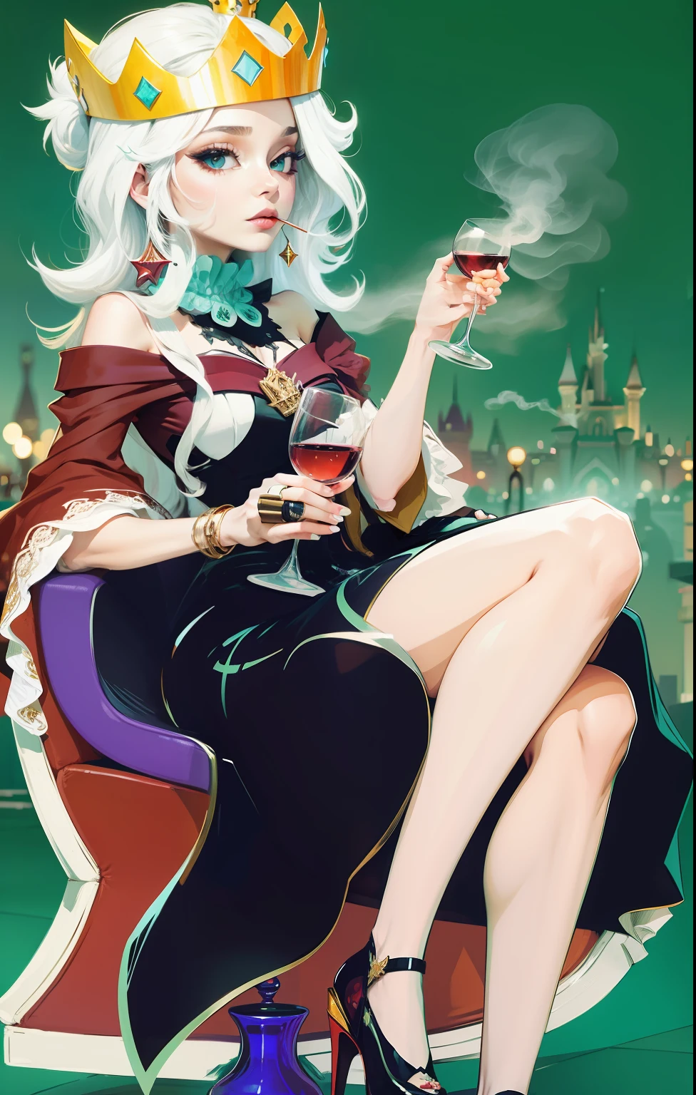 Crown on head,Wine glasses and women's cigarettes in hand,Disney night view in the background