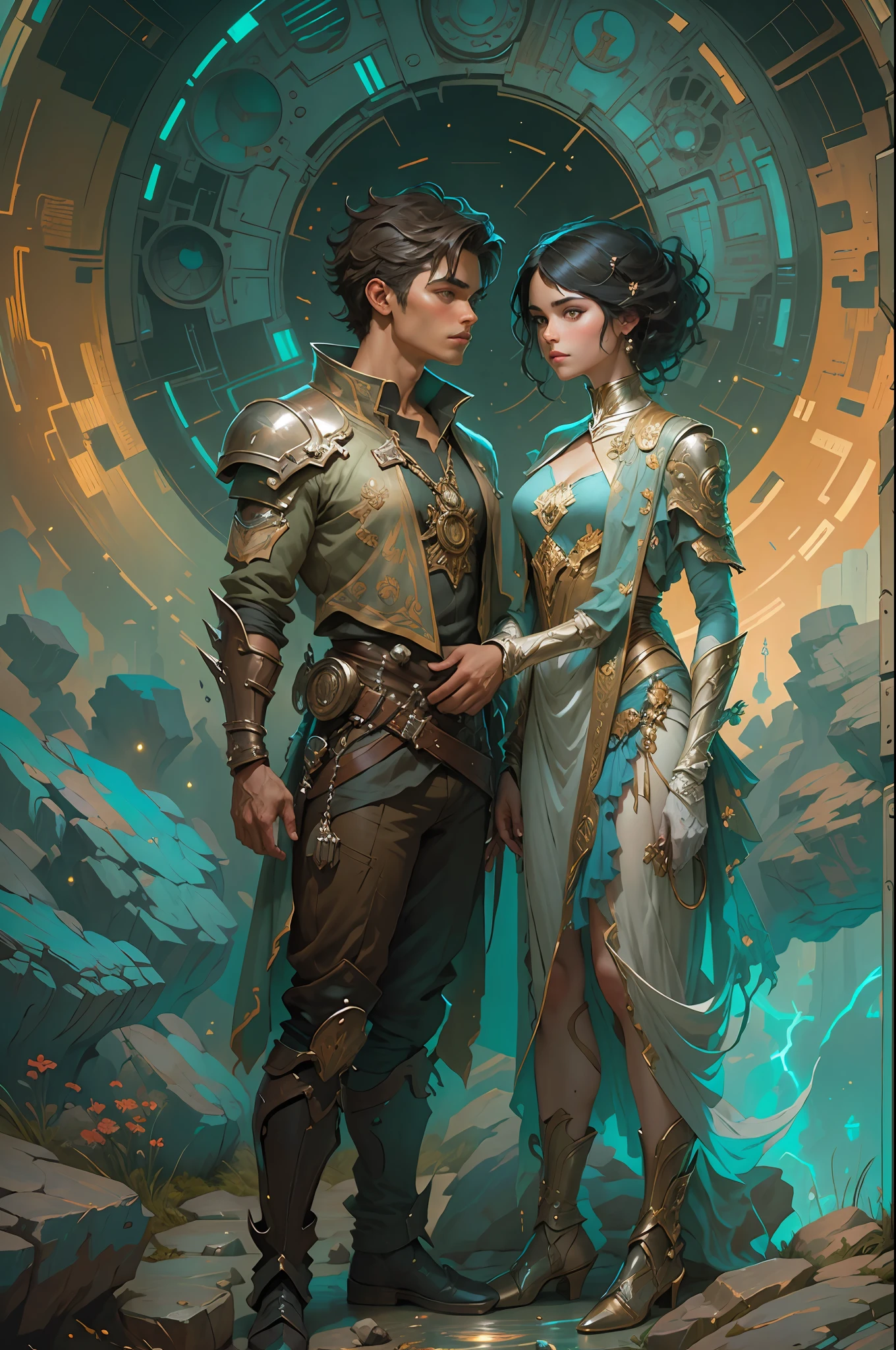 Portrait of a young handsome boy with a girl standing on a marvelous stone, standing gitl:1.2, (Low contrast ), colorfantasystyle， Oil painting on matte canvas, sharp detailed, the expanse scifi spacescape ceres colony, Intricate, Highly detailed, Digital painting, plethora of colors, smooth, Sharp focus, illustration, Unreal Engine 5, 8K, art by artgerm and greg rutkowski and alphonse mucha , art by midjourney