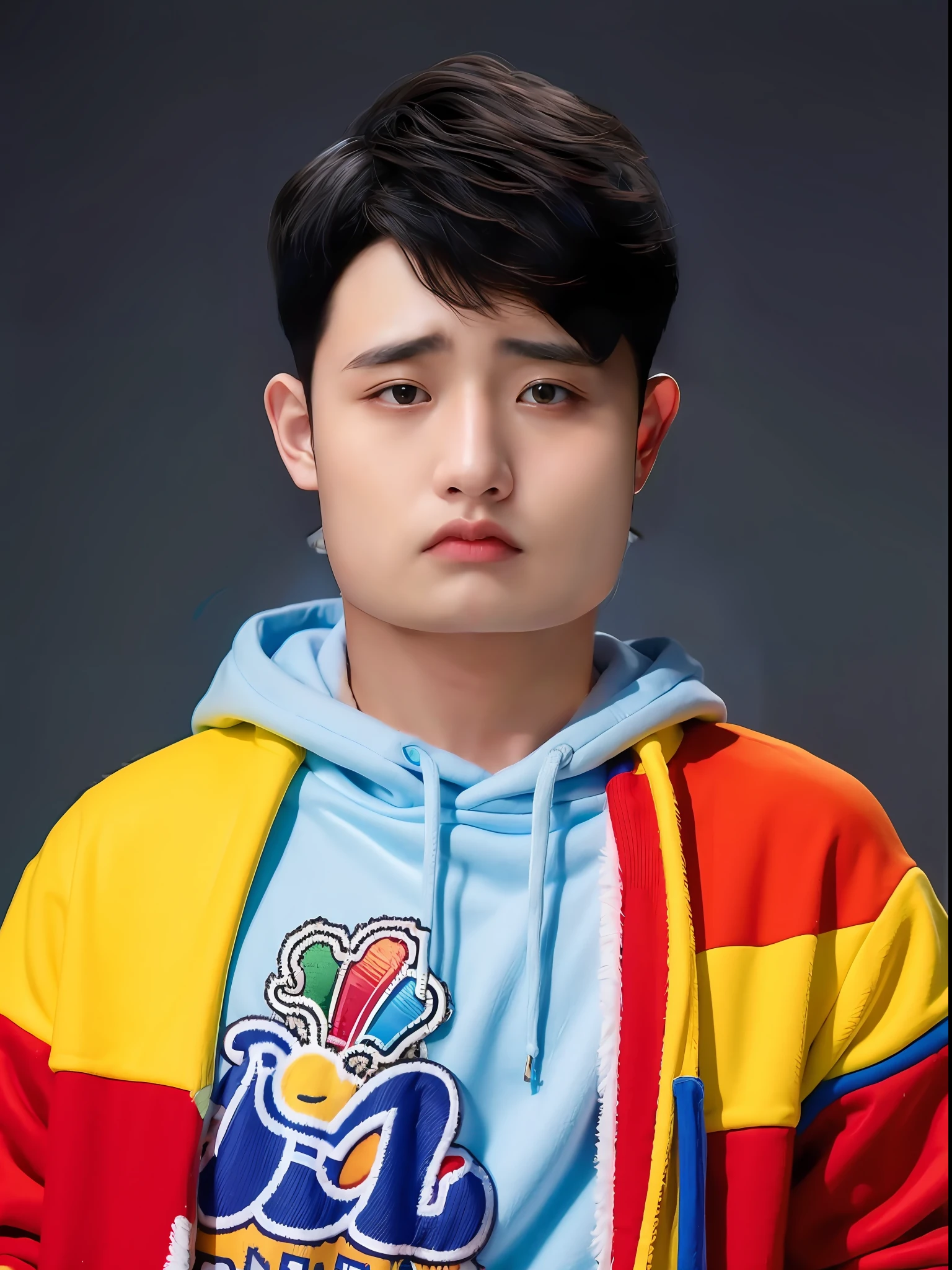 Chinese male high school student,Wear colorful casual sweatshirts,wearing hat,
