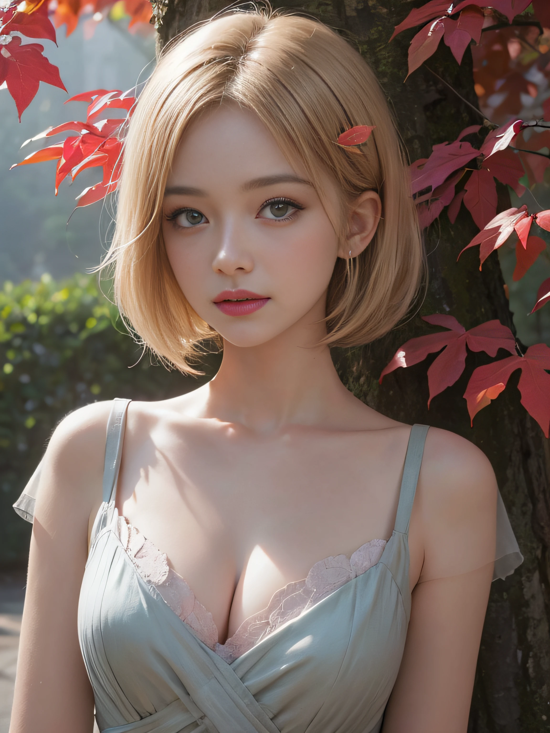 waist up, looking at viewer with a serene and goddess-like happiness, (againts pink leaves) tree, natural skin texture, 4k textures, soft cinematic light, intricate details, elegant, highly detailed, sharp focus, soothing tones, exposure blend, hdr, faded, hyperdetailed, backlighting, 85mm, close-up, best quality, (photorealistic:1.2), volumetric fog, analog style, (cinematic look), blonde, green eyes, bob hair, 1girl, glowing skin, blush, upturned eyes, cleavage