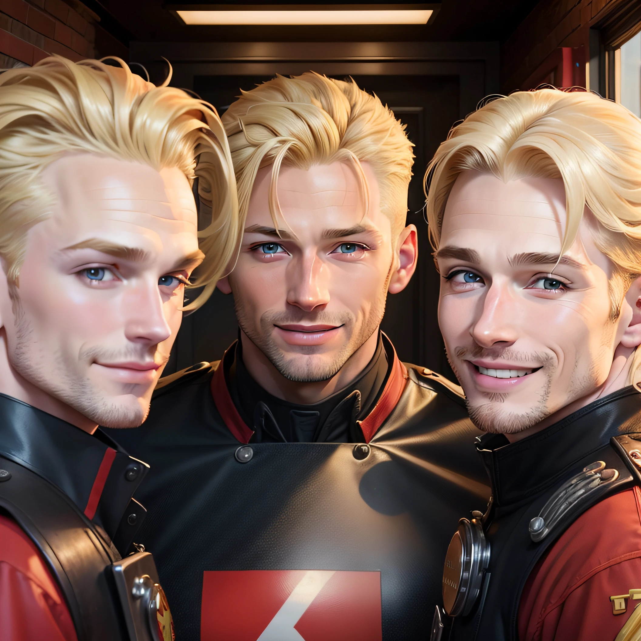blond man, head shot, fireman, in uniform, at fire station, looking at the camera, happy smile, big smile, 40 year old man , single man , on ship, attractive man, attractive male, blond model, long brow hair, high res, , handsome male, brown-eyed man, realistic, natural light