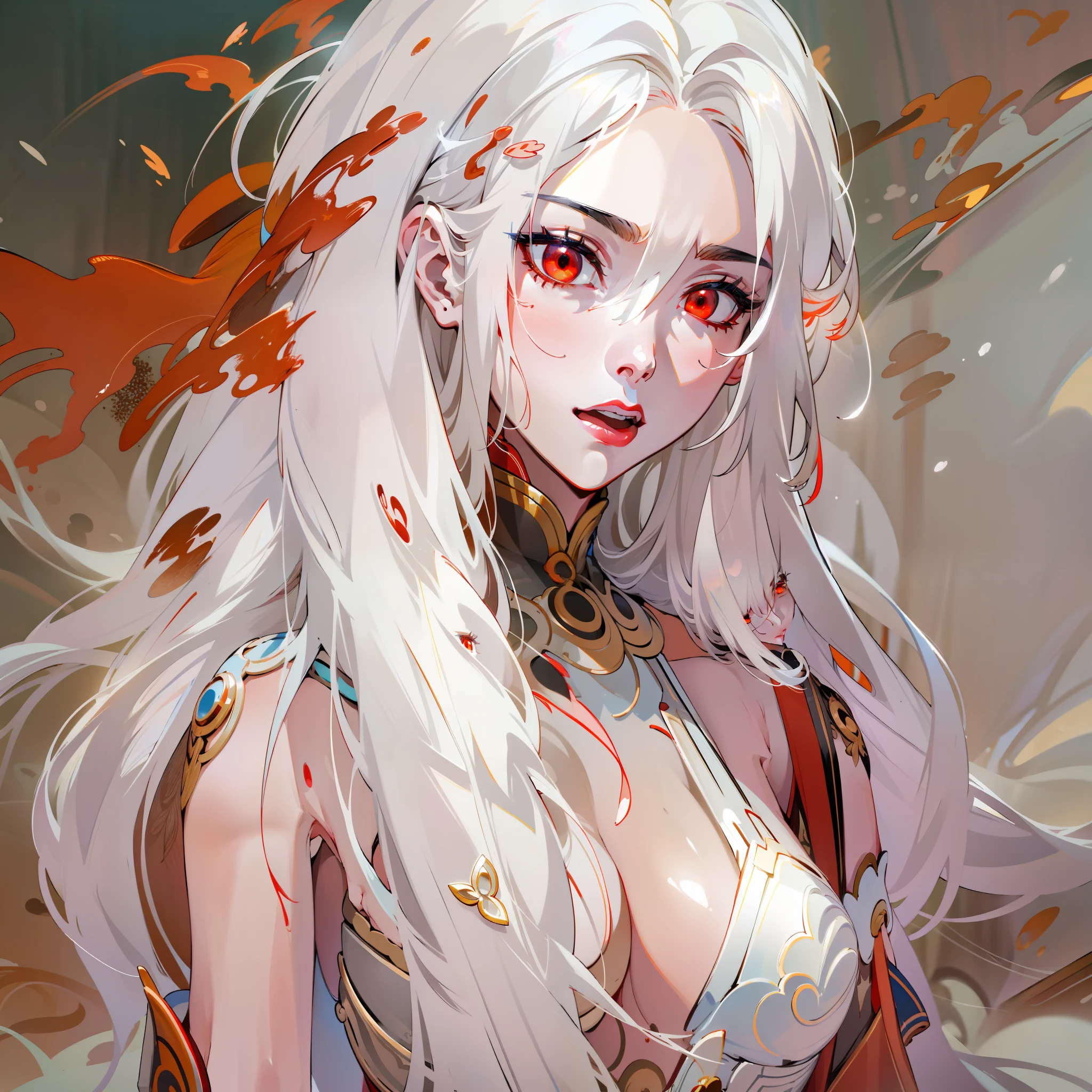 jingliuV4，Unbeatable masterpiece, extraordinary, Incredible, Exquisite, Perfect artwork, perfect women figure, Perfect anatomy, Unique, red color eyes，long  white hair，Put your hands behind your back，