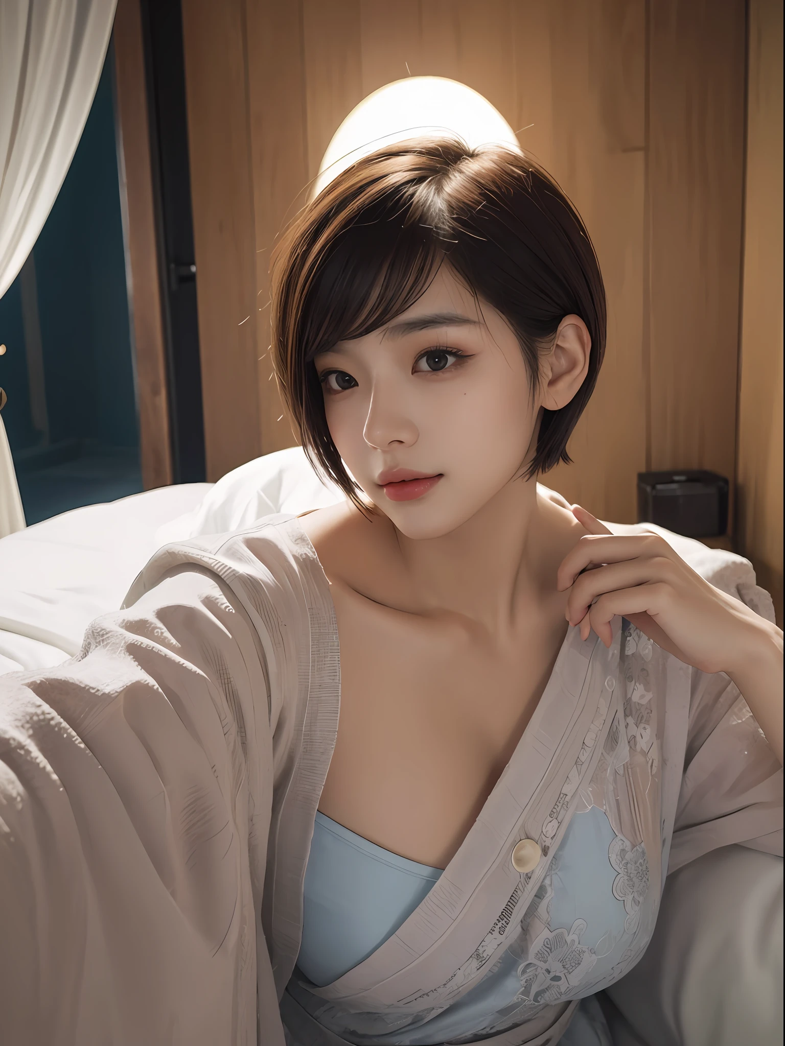 masterpiece、The highest image quality、hightquality、Beautuful Women、japanes、Popular Korean Makeup、detaileds、Swollen eyes、A detailed eye、Detailed skin、Beautiful skins、超A high resolution、(Realistis:1.4)、very extremely beautiful、Slightly younger face、Beautiful skins、thin-waist、(A hyper-realistic)、(illustratio)、(hight resolution)、(8K)、(ighly detailed)(The best illustrations)、(beautifully detailed eyes)、(ultra-detailliert)、(wall-paper)、(详细的脸)、looking at the viewers、fine detailed、 A detailed face、pureerosfaceace_v1、a smile、Looking straight ahead、photos realistic、Bright lighting、profetional lighting、Colorful hair color、(((very_short_hair)))、brightly lit room、painterly、picture frame
