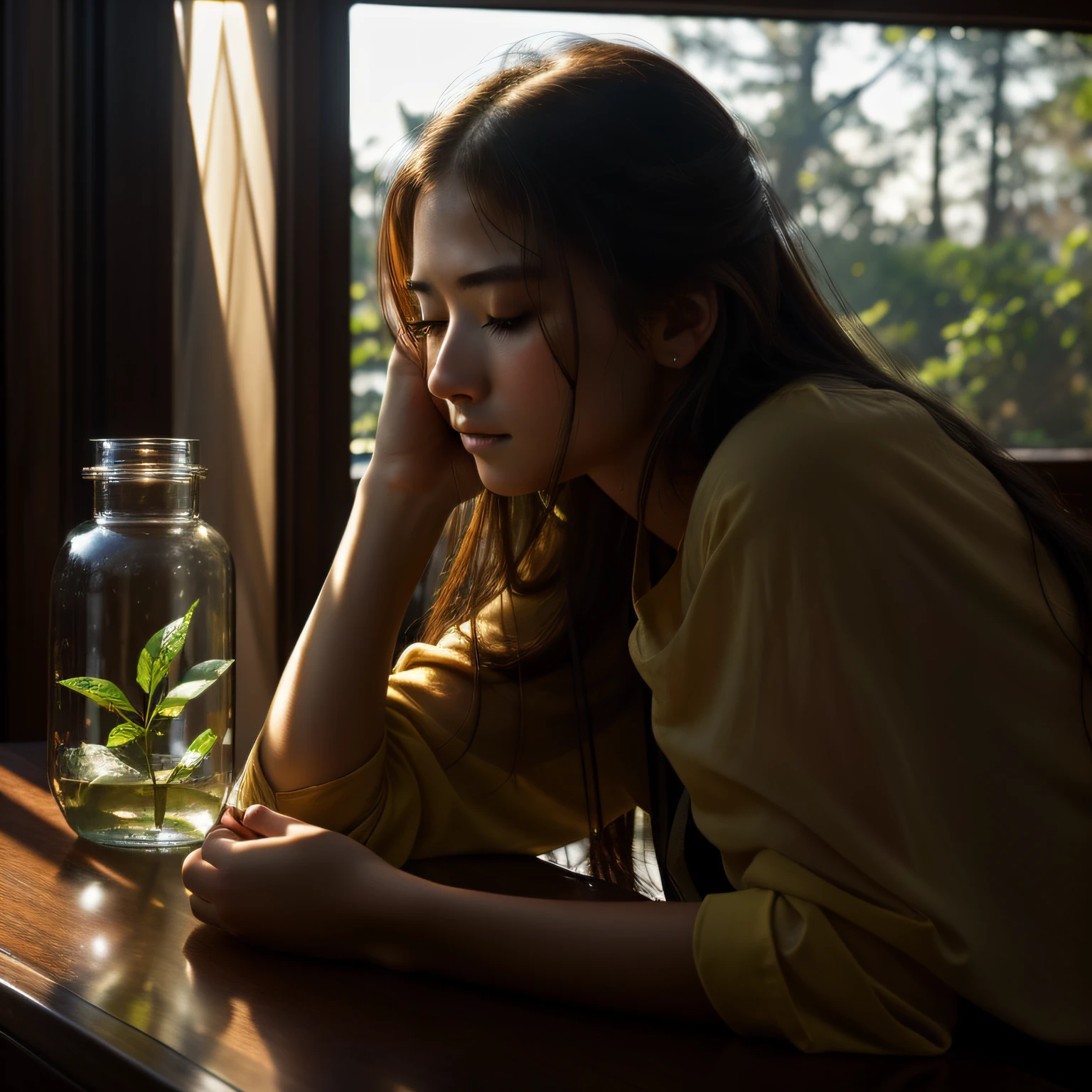 (8k RAW photo、masterpiece of best quality:1.2)、Beautuful Women、lost in thought、Exhausted appearance、The table、Put your head on your hands、deep in thought、glass jar、soft light from the side、Backlit portrait, back - lit、Dramatic light on the face、lowkey