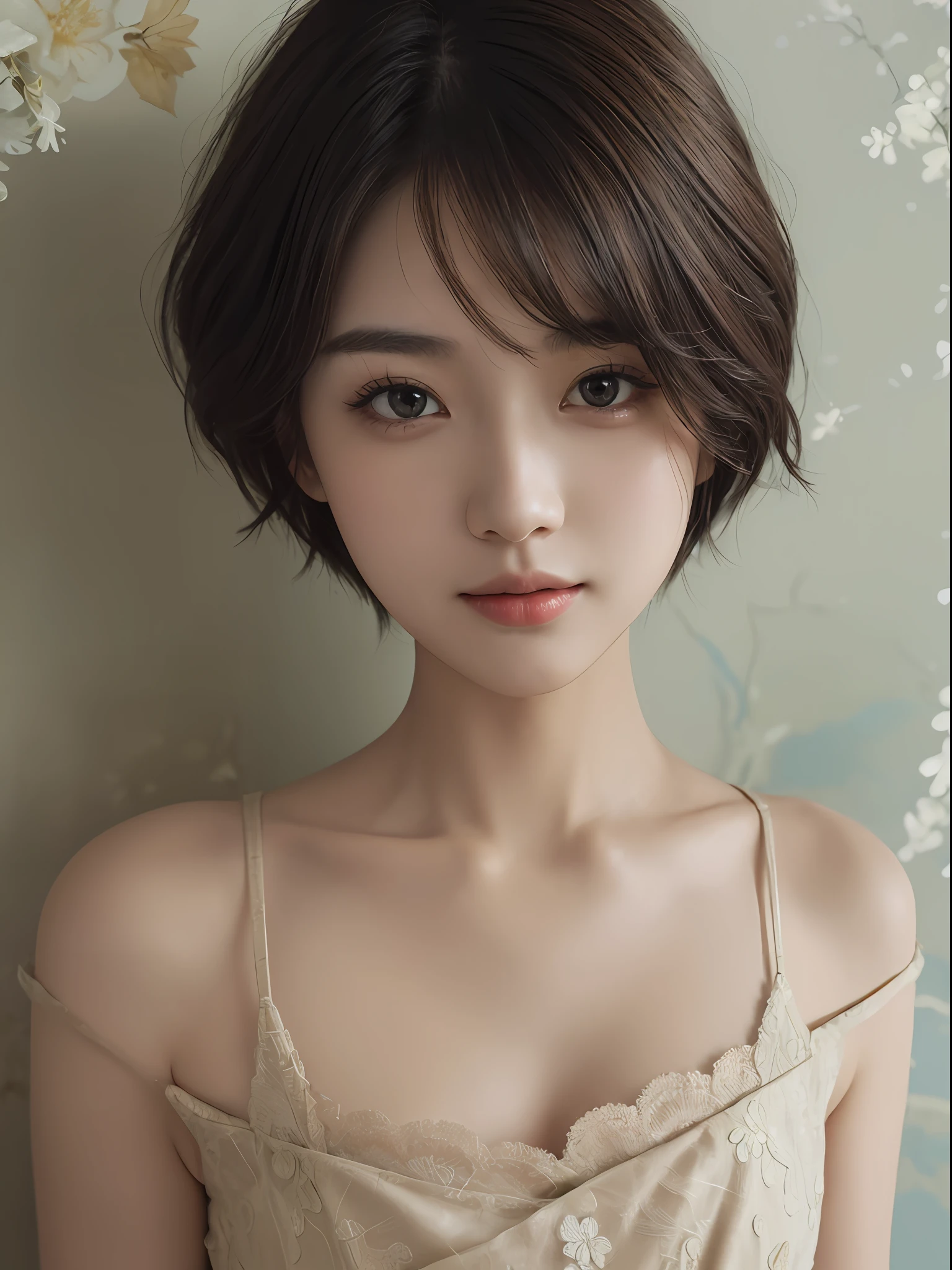 ​masterpiece、The highest image quality、hightquality、Beautuful Women、japanes、Popular Korean Makeup、detaileds、Swollen eyes、A detailed eye、Detailed skin、Beautiful skins、超A high resolution、(Realistis:1.4)、very extremely beautiful、Slightly younger face、Beautiful skins、thin-waist、(A hyper-realistic)、(illustratio)、(hight resolution)、(8K)、(ighly detailed)(The best illustrations)、(beautifully detailed eyes)、(ultra-detailliert)、(wall-paper)、(详细的脸)、looking at the viewers、fine detailed、 A detailed face、pureerosfaceace_v1、a smile、Looking straight ahead、photos realistic、Bright lighting、profetional lighting、Colorful hair color、(((very_short_hair)))、brightly lit room、painterly、picture frame