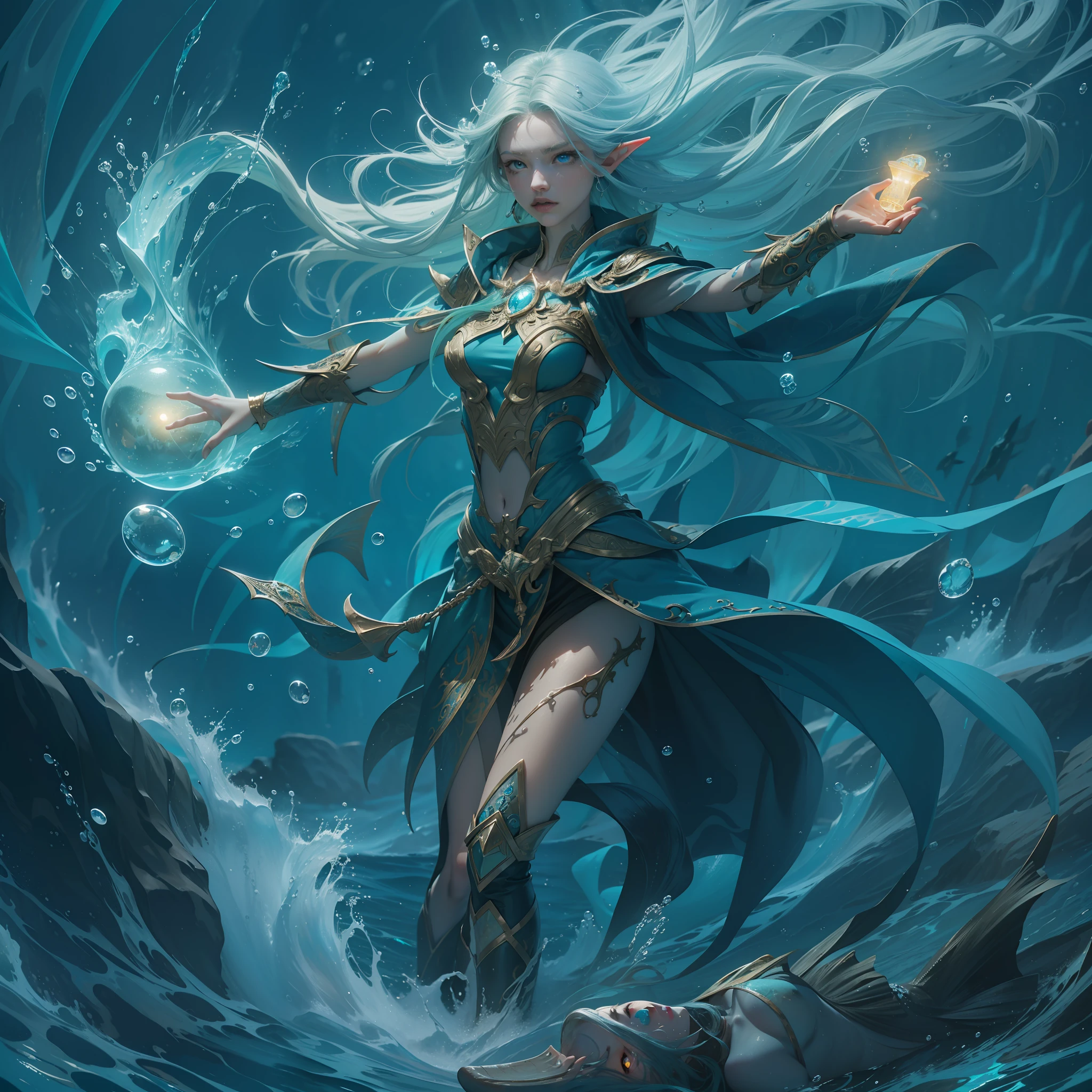 high details, best quality, 8k, [ultra detailed], masterpiece, best quality, (extremely detailed), dynamic angle, ultra wide shot, RAW, photorealistic, fantasy art, dnd art, rpg art, realistic art, an ultra wide picture of a sea elf (1.5 intricate details, Masterpiece, best quality) water mage casting ((water control spell)), water wizard ((water magic,intense magic details)), ((controling a swirling mass of water)), magical symbols, female sea elf, blue skin, green hair, long hair, swirling hair, intense eyes,small pointed ears, ((blue eyes)), ((glowing eyes)), armed with magical wand, wearing sea shell clothing, beautiful elf, underwater background, rich underwater life, ((magical atmosphere)), fish and sea weeds, high details, best quality, highres, ultra wide angle