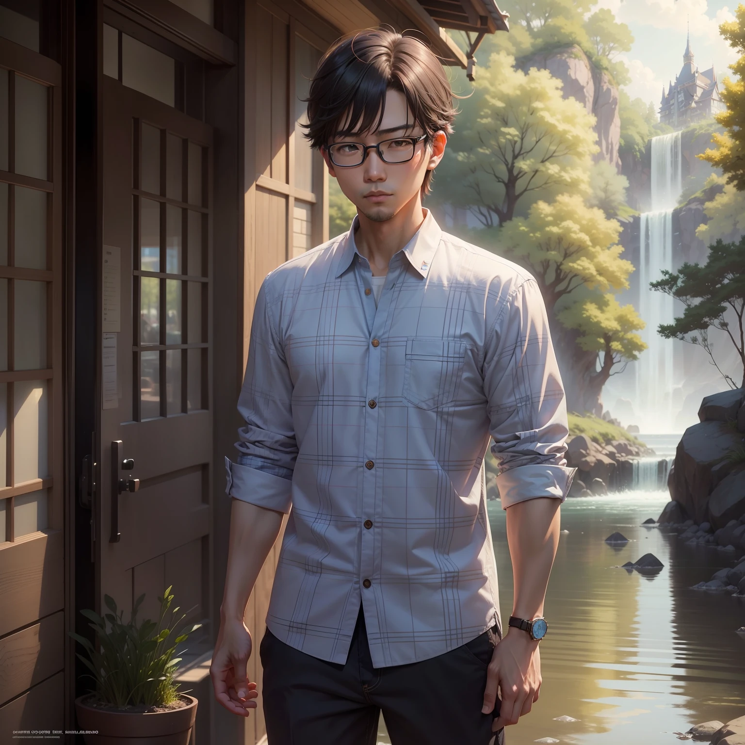 Wearing glasses、À la Fed man in checkered shirt standing in front of water body, tomohiro shimoguchi, ayamin kojima, andy park, jinsung lim, george kamitani, hisashi eguchi, robert kondo, taken in the early 2020s, kousuke oono, Michael Okuda, yangjun chen, Beautiful character and perfection, Anime style, Concept art, Illustration like a pro, High color saturation, high details, Childish manga style, image perfect, 2d character, High resolution, 2D Professional Illustration, Disney style and detailed ear, High quality, Perfect detailed art, Digital Art