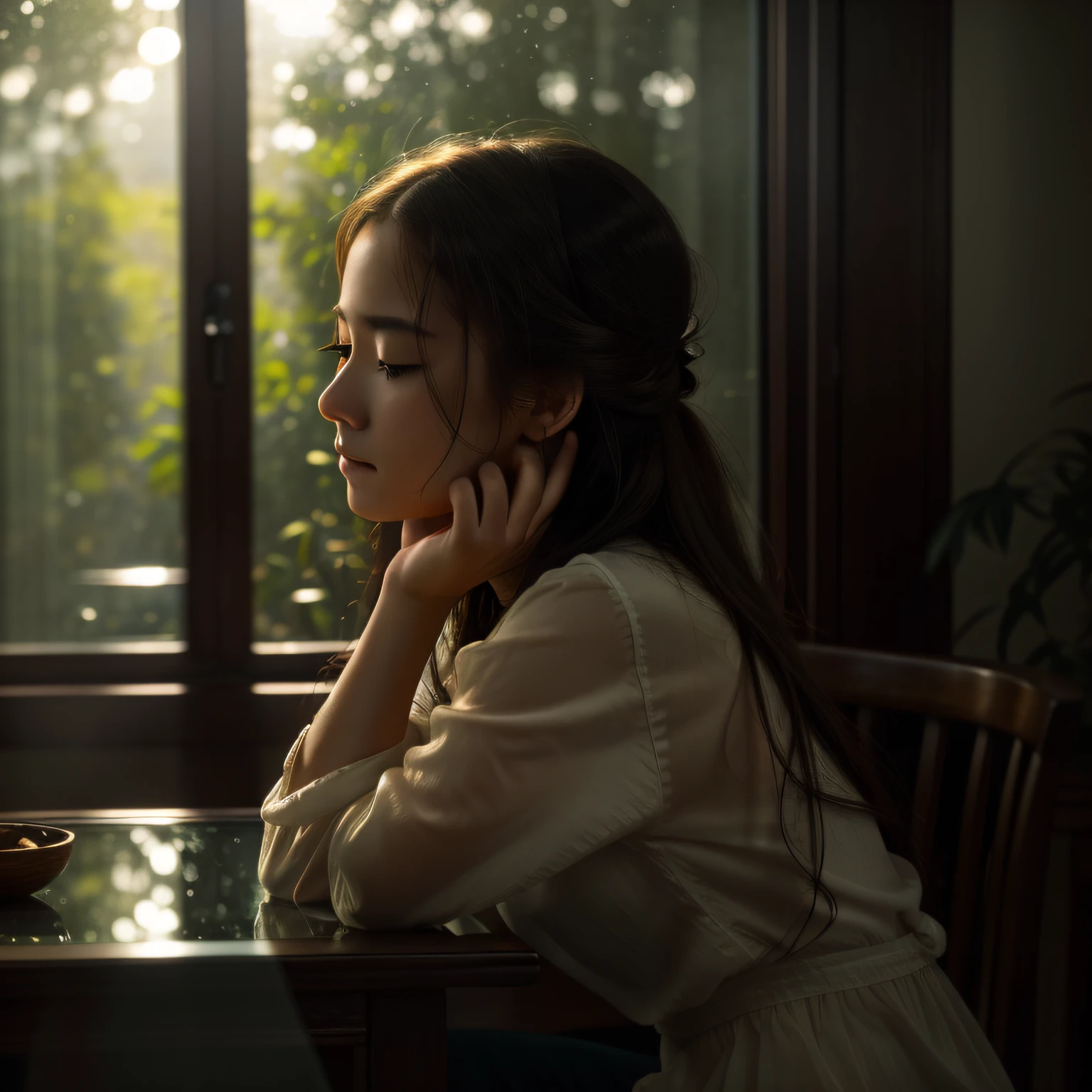 (8k RAW photo、masterpiece of best quality：1.2)、Beautuful Women、lost in thought、Exhausted appearance、The table、Keep your head in your arms、deep in thought、glass jar、soft light from the side、Backlit portrait, back - lit、Dramatic light on the face、lowkey、bokeh dof