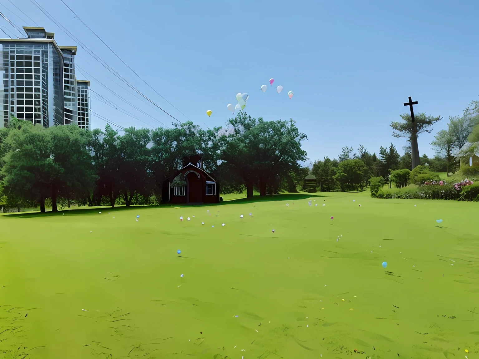 There is a large meadow,A simple chapel in the middle of four trees,The church is surrounded by flowers,There are 40 white metal chairs with white streamers in front of the chapel,The white metal chair is strapped with blue and white balloons