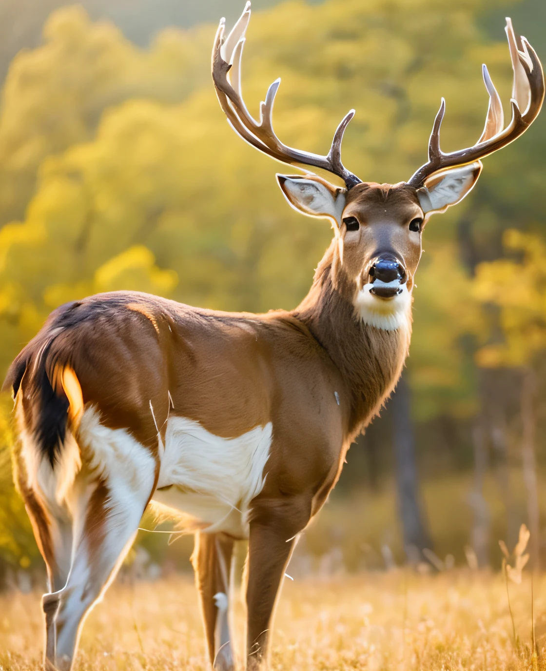 "Deer,Delicate and delicate deer angle,Beautiful and moving forest,Hazy light and shadow,Dancing fallen leaves,Tranquil meadows,Flowing streams,Gentle breeze,Dreamlike scenes,Beautiful presentation。