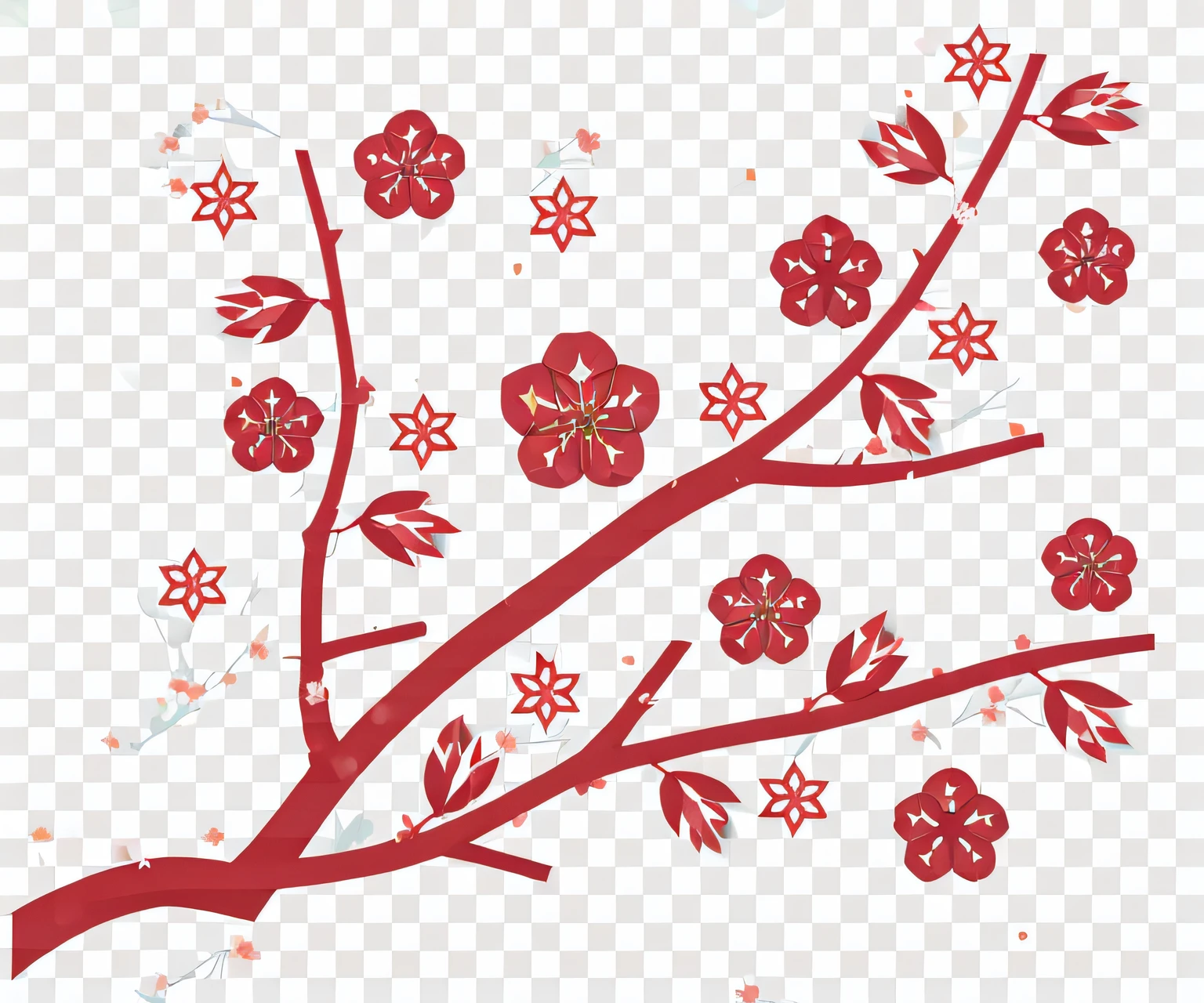 Red branches with flowers on transparent background, clubs, cherry blossoms in the wind, japanese related with flowers, Sakura flower, Middle metaverse, SakuraNS, sakura blooming on background, sakurabackground, sakura bloomimg, cherry blossoms falling, inspired by Kōno Bairei, inspired by Sesshū Tōyō