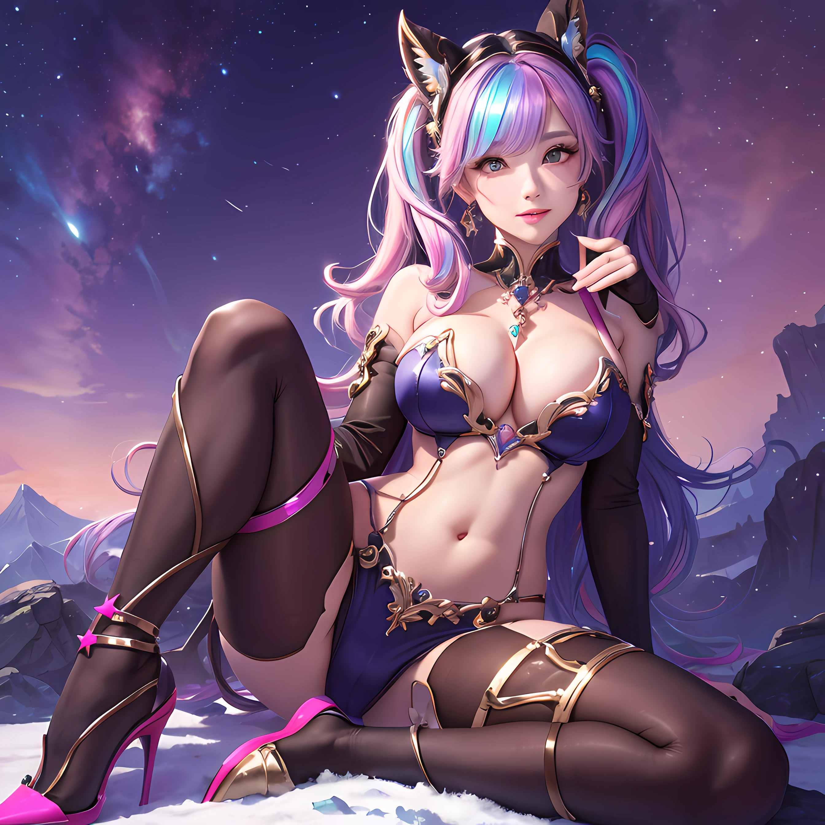 Iridescent hair, hair bobbles, full body Esbian，exposing the skin、Soio、独奏、Aurora、snow mountains、Pink costume、cleavage of the breast、a navel、wince, sexy  pose、Model-like posture、Soft smile、 The upper part of the body、longeyelashes, Solid Circle Eyes,  ssmile, ear blush, tusk,  high-heels, star-shaped pupils, Heart Earrings, Mouth hold, surrealism, drop shadow, anaglyph, stereograms,  Atmospheric perspective, Rococo style, 8K, Super Detail, ccurate, Best Quality, nffsw