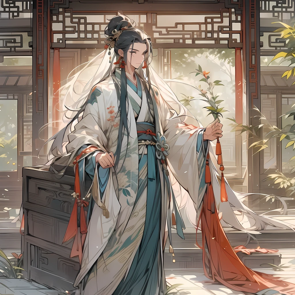 of a guy，Hall in ancient China，standing on your feet，Chinese costumes，Wearing Hanfu，long whitr hair，Tassel earrings，