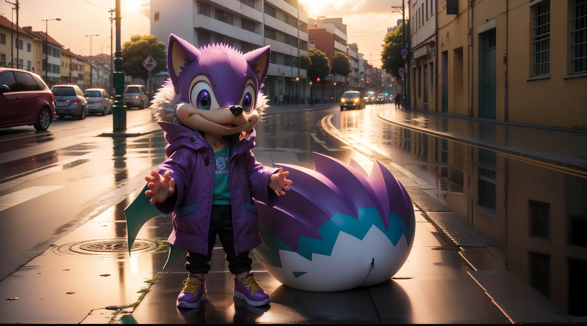 Purple the hedgehog, casaco fofo, cachecol, olhos azuis, Hands, guarda-chuva, cidade, rua molhada, sun sunset, obra-prima, detalhado, caustics, profundidade de campo, nariz de animal, sapatos, luvas vermelhas,