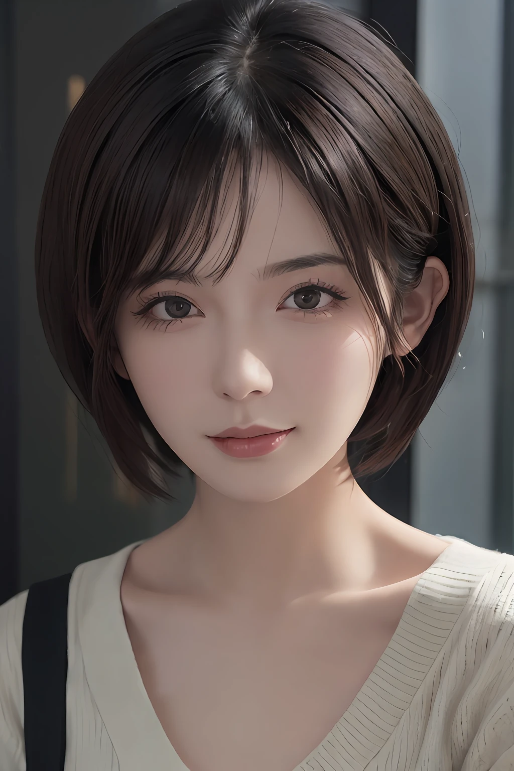 (masuter piece:1.3)、(8k、Photorealsitic、RAW Photography、top-quality: 1.4)、(1girl)、beautiful countenance、(lifelike face)、(A dark-haired、short-hair:1.3)、Beautiful hairstyle、realisticeyes、Beautiful details、（real looking skin）、Beautiful skins、（Sweaters）、absurderes、enticing、超A high resolution、A hyper-realistic、high-detail、the golden ratio、Idol groups