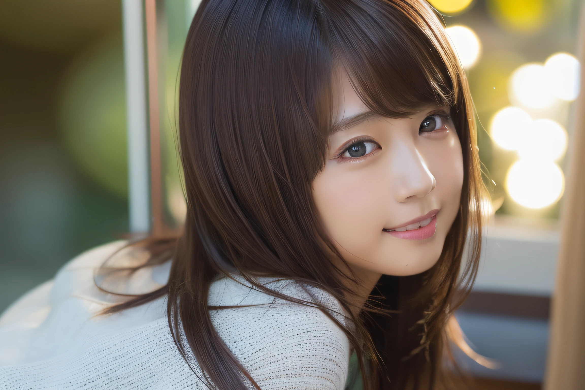 8K,Best Quality, 超A high resolution, (Photorealistic:1.4), Raw photo, (upper thigh, From Side:1.2), (Bokeh:1.4), (sit on a bench:0.8), (in a suite:1.6),window, 1日本人の女の子, Cute, (Solo:1.6), (Shy smile), (Dark brown eyes:1.4), Smooth skin, (Brown medium hair,Bangs), (touch hair:1.4),nogizaka,a park,Fashionable clothes
