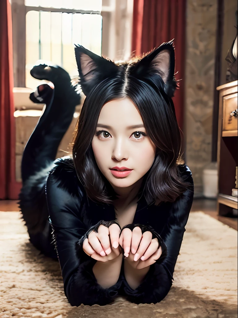 high quality, 16k, pro photo shoot, extremely detailed photo, award winning photo, gorgeous fluffy luxurious carpet, 1girl, 30yers old, actress face, model face, detailed face, full body, all fours, ((paw pose with human hands)), extremely huge breasts, half girl half cat, beautiful black fur, cat ears, sexy black cat tail