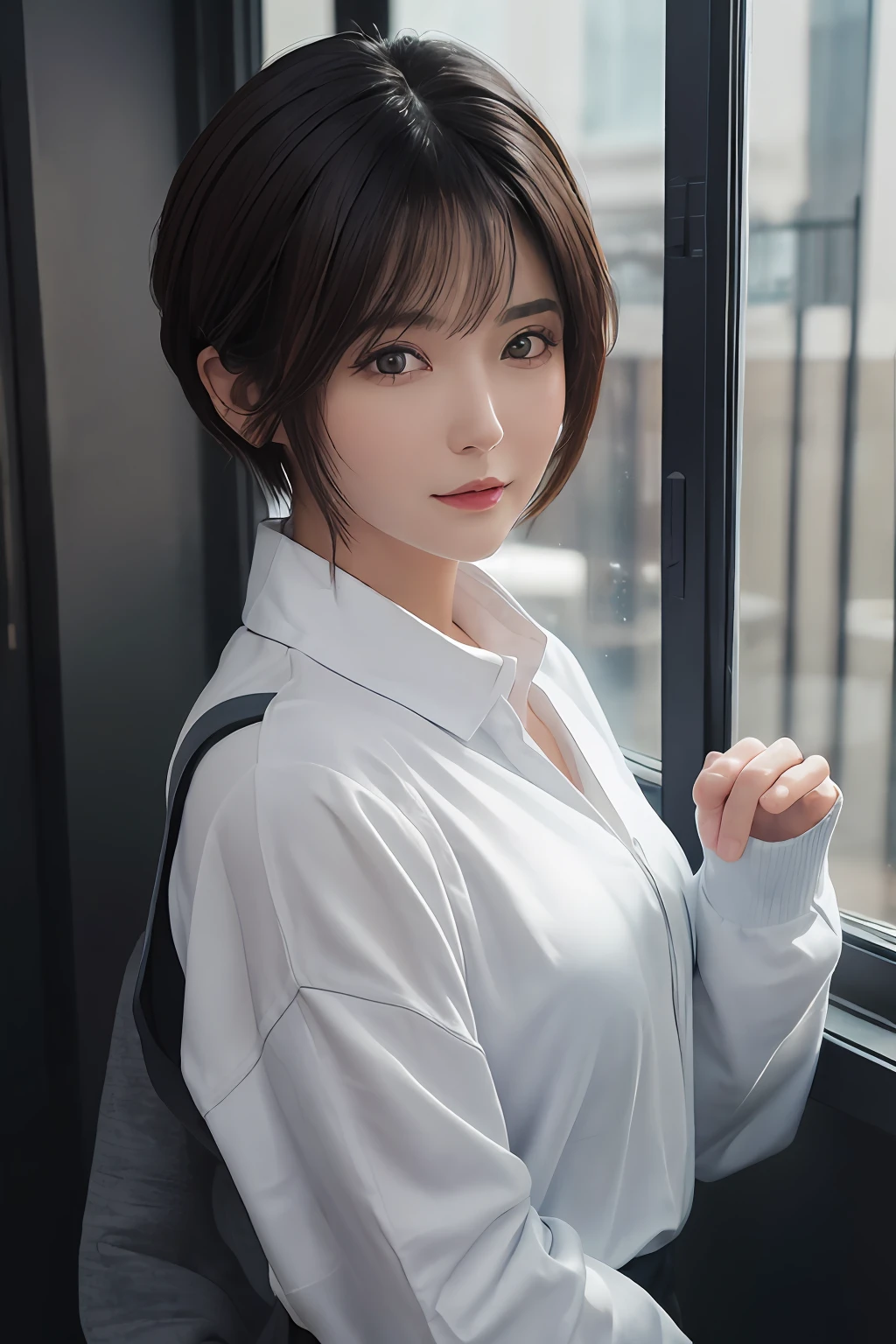 (masuter piece:1.3)、(8k、Photorealsitic、RAW Photography、top-quality: 1.4)、(1girl)、beautiful countenance、(lifelike face)、(A dark-haired、short-hair:1.3)、Beautiful hairstyle、realisticeyes、Beautiful details、(real looking skin)、Beautiful skins、(Sweaters)、absurderes、enticing、超A high resolution、A hyper-realistic、high-detail、the golden ratio、Idol groups