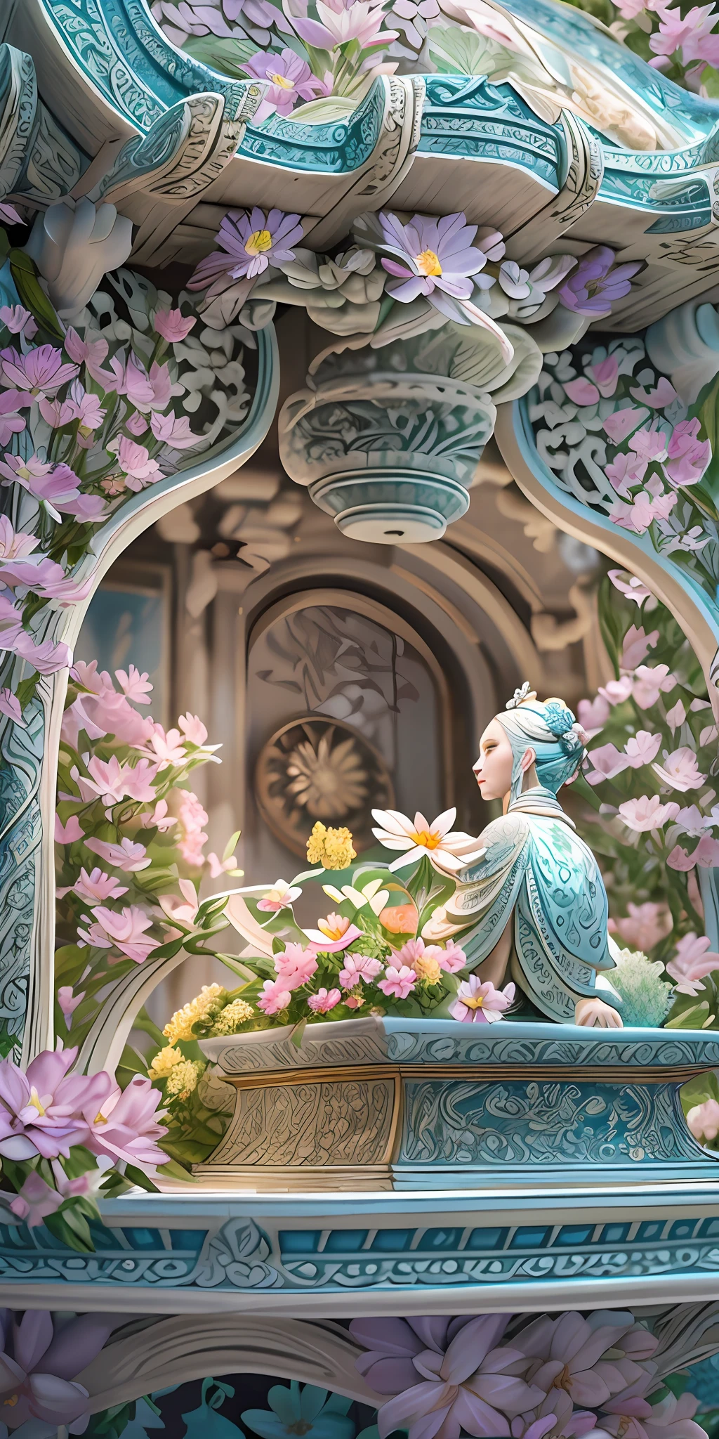 best quality, realistic, photorealistic, ultra detailed, "Mountain of Flower and Fruit+Fairy+Chinese Architecture" highly detailed carving on "southern ice" porcelain,Ultra wide angle,Accent Lighting,Volumetric Lighting,backlighting, (detailed light),((an extremely delicate and beautiful)),dramatic_shadow,ray_tracing,hdr