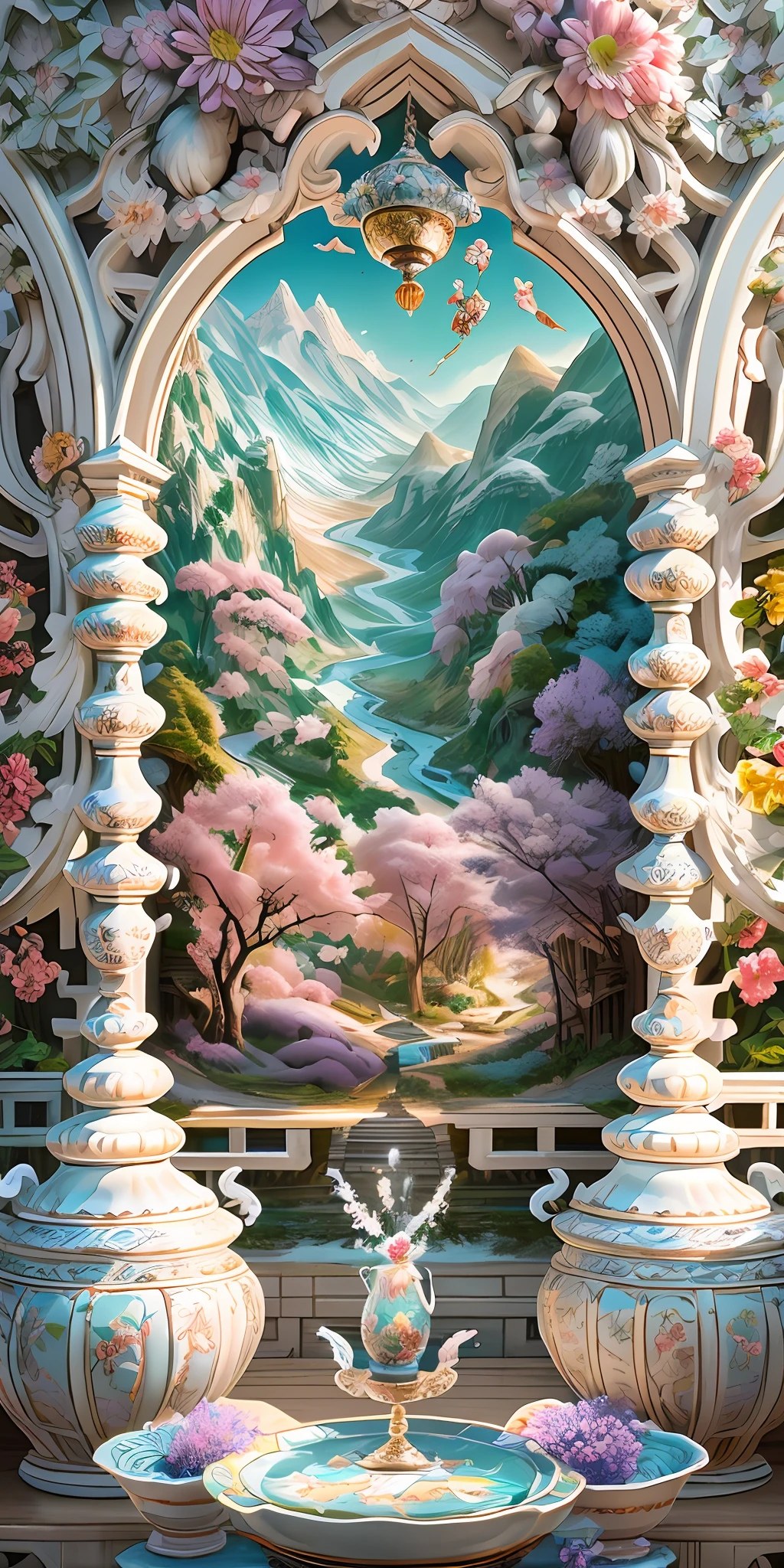best quality, realistic, photorealistic,  ultra detailed, "Mountain of Flower and Fruit+Fairy+Chinese Architecture" highly detailed carving on "southern ice" porcelain,Ultra wide angle,Accent Lighting,Volumetric Lighting,backlighting, (detailed light),((an extremely delicate and beautiful)),dramatic_shadow,ray_tracing,hdr