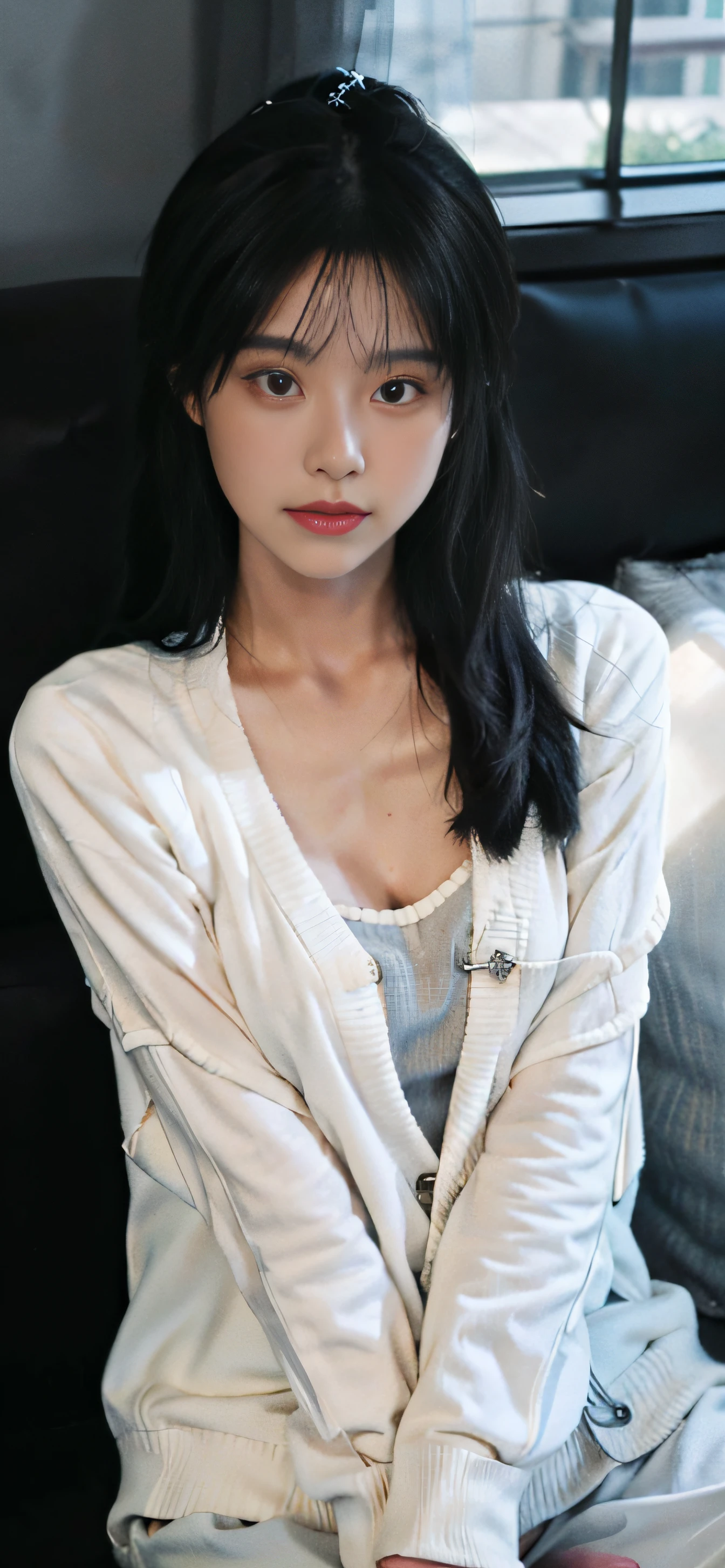 sitting in the couch((with whole body visible)) She's slim,petite,being thin,(flatchest)She stared at the audience。She wears a black ponytail。 White sheer knit,cleavage,Sweaters,grey sweatpants, The camera focuses on her face,light shining on face,Very large aperture,((f/1.2)),with a shallow depth of field,The background lens is blurry strongly,ISO 3000,automatic white balance, best qualtiy, tmasterpiece, Award-winning photography, hugefilesize, 8k, A high resolution, Shot on a Sony DSLR。