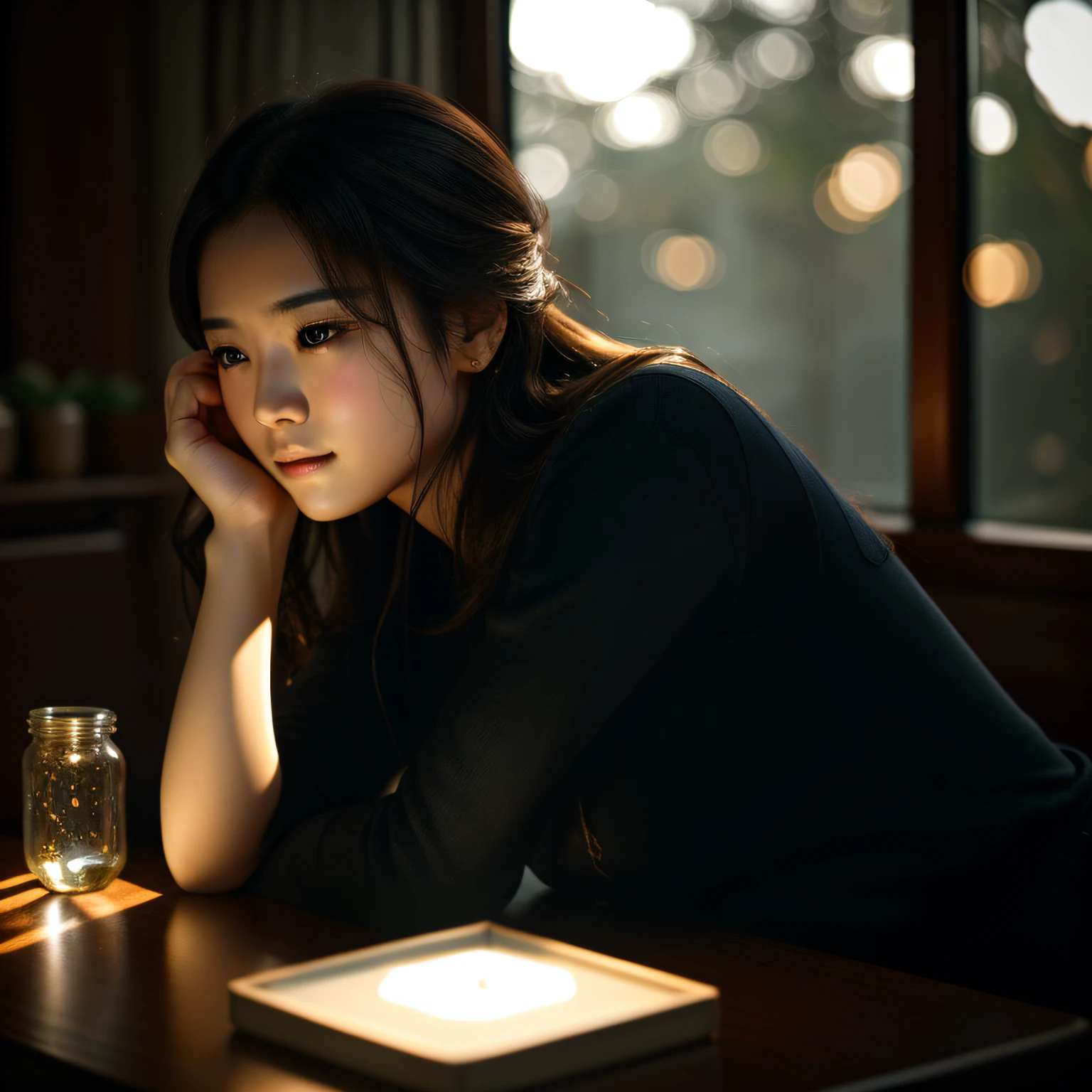 (8k RAW photo、masterpiece of best quality：1.2)、Beautuful Women、lost in thought、Exhausted appearance、The table、Put your head on your arms、Stretch your arms forward、Two glass jars on the table、Glass cup of black tea、 soft light from the side、Cinematic morning light、Rim Lights, side lights、Dramatic light on the face、lowkey、bokeh dof